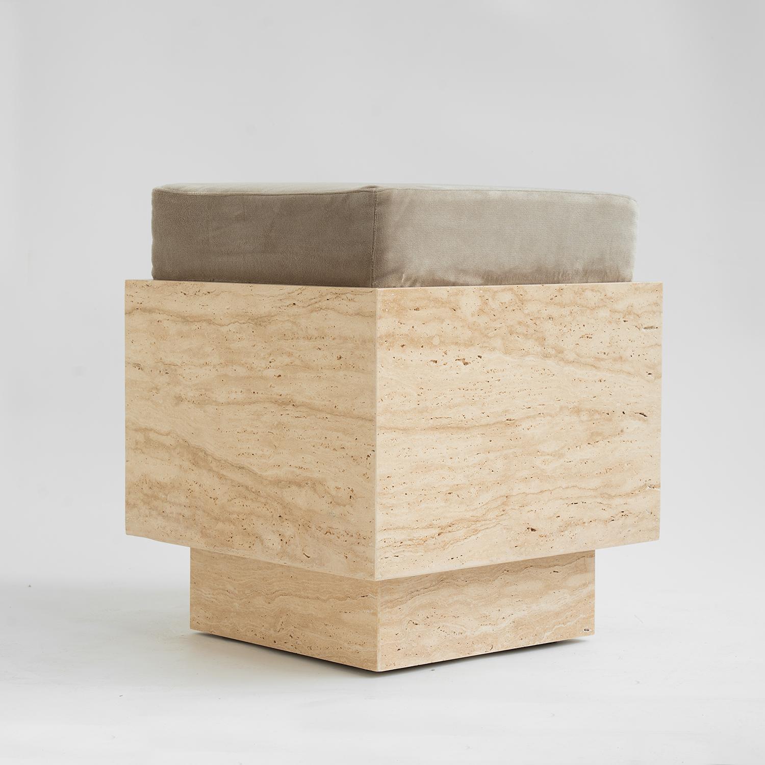 Dutch Travertine Cube Stool with Velvet Cushion For Sale