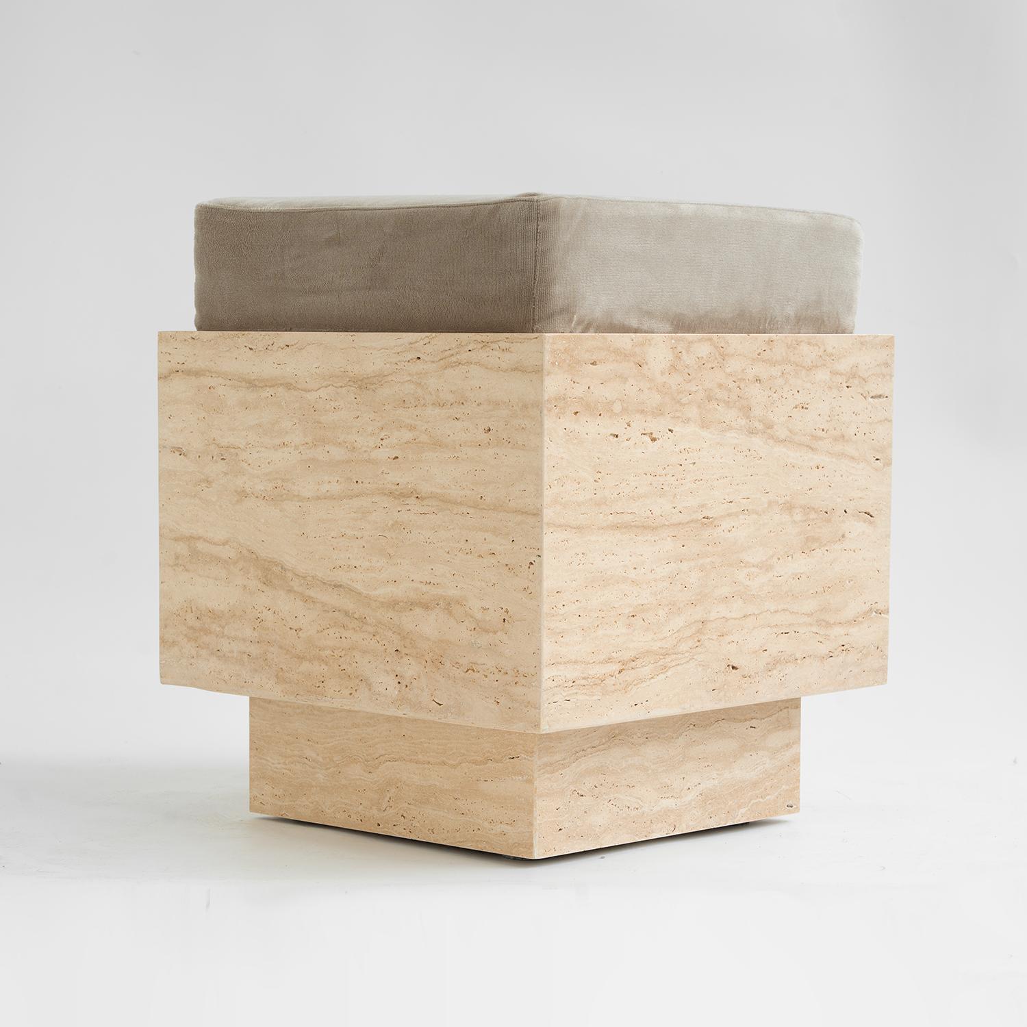 Travertine Cube Stool with Velvet Cushion In New Condition For Sale In Eindhoven, NB