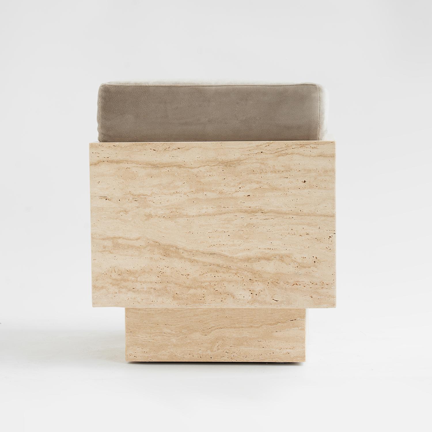 Contemporary Travertine Cube Stool with Velvet Cushion For Sale