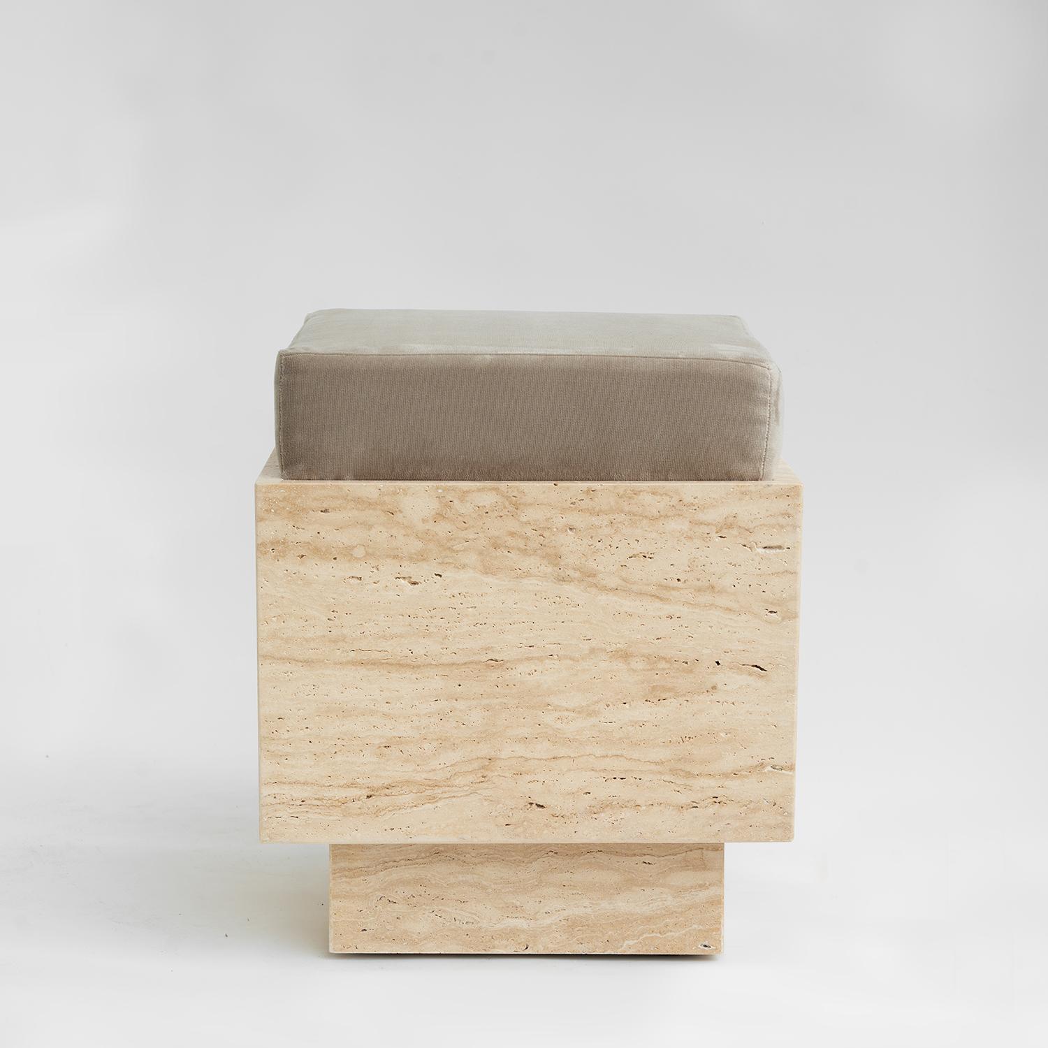 Travertine Cube Stool with Velvet Cushion For Sale 1