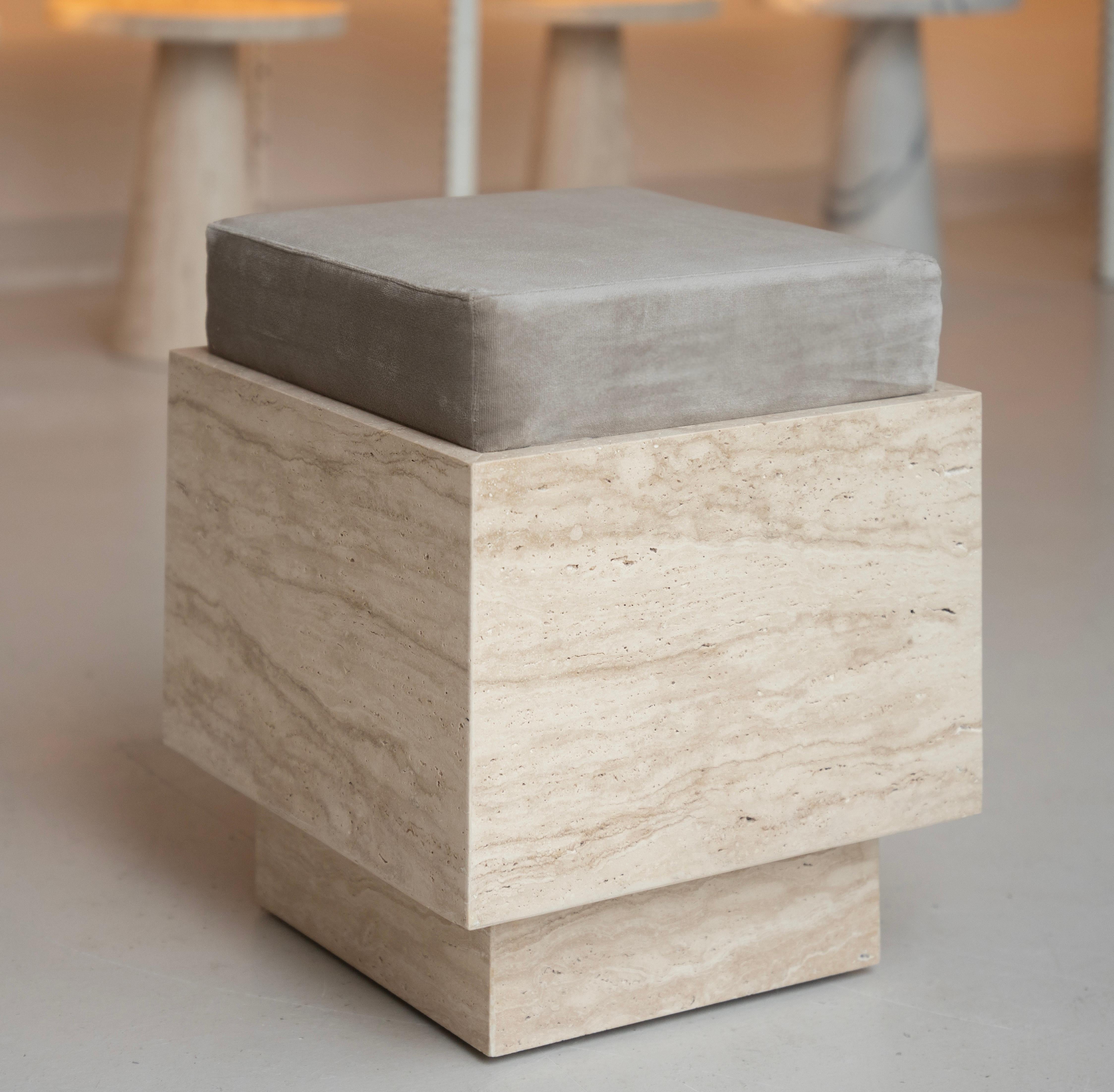 Travertine Cube Stool with Velvet Cushion For Sale 3