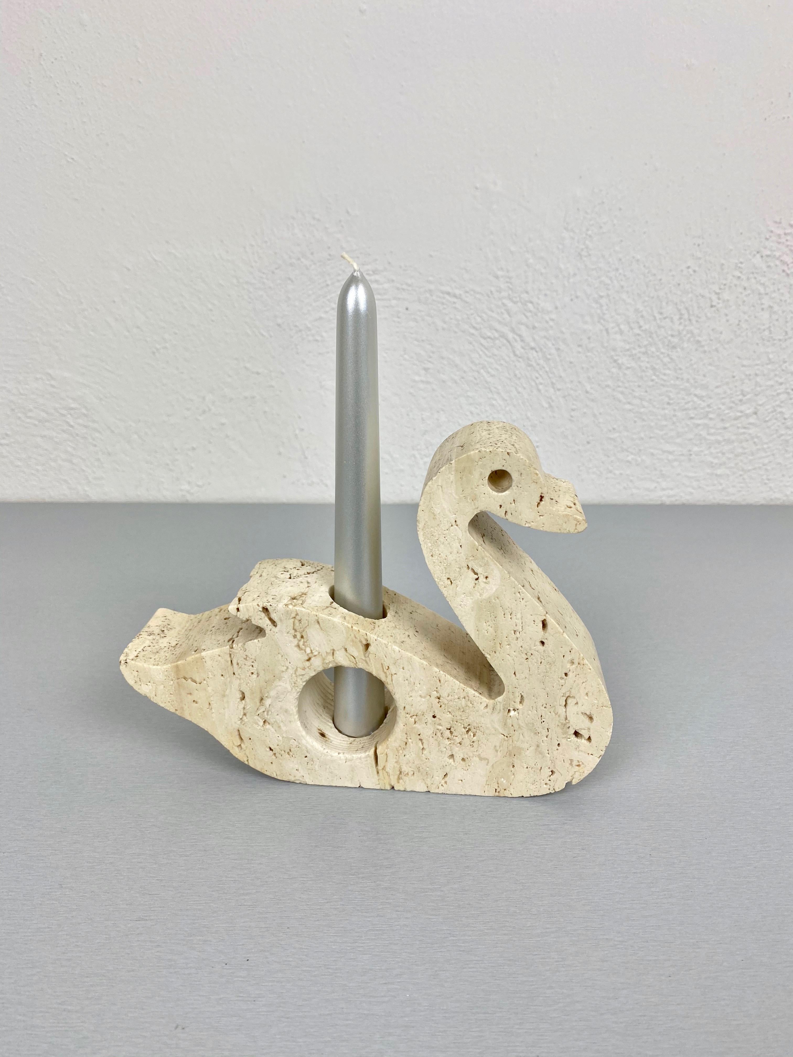 Candle holder in travertine marble by Fratelli Mannell, in the shape of a swan, Italy, 1970s.