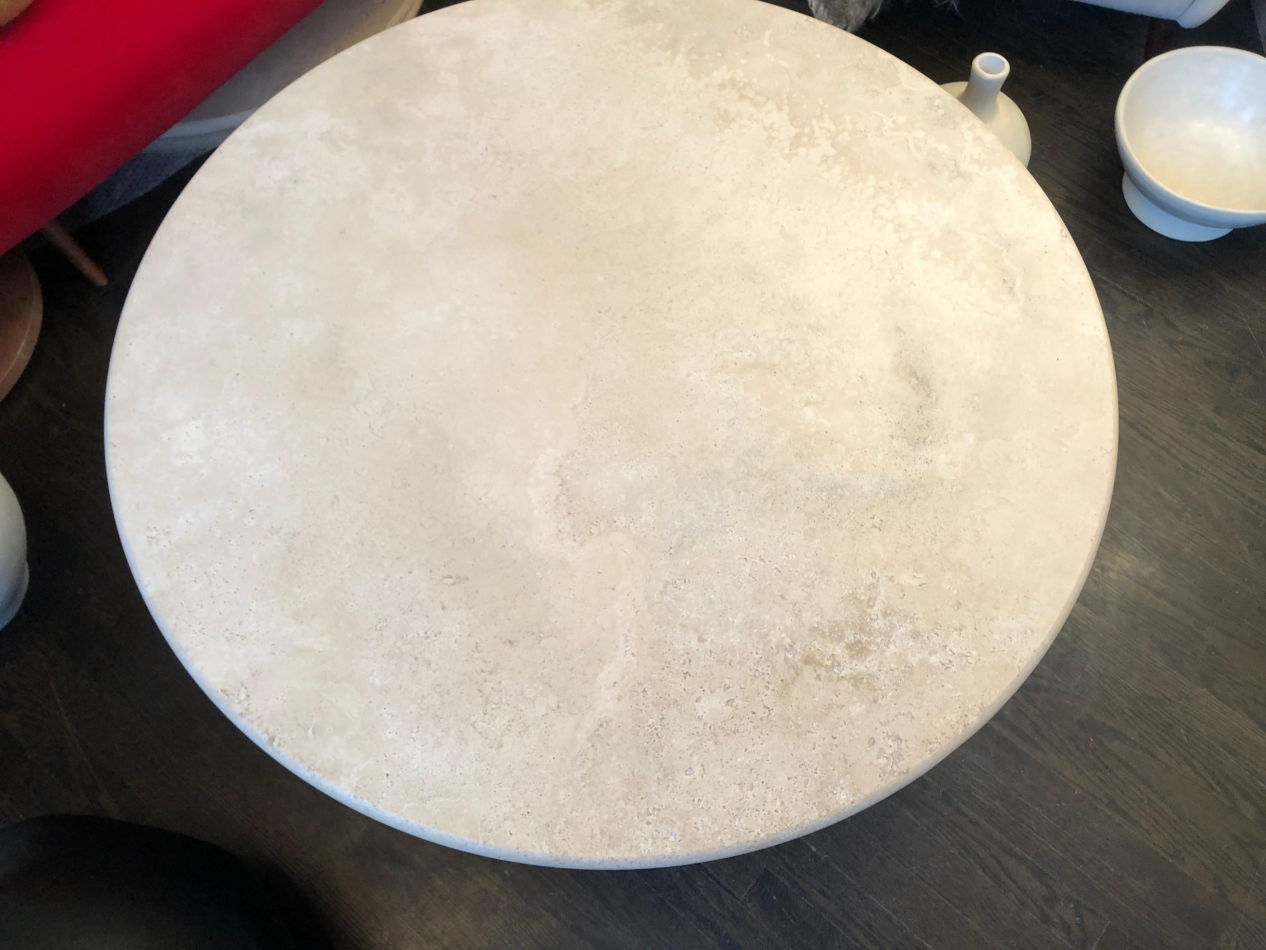 Round Roman travertine coffee table by Le Lampade
Available now. This table can be totally custom. Measures: 39