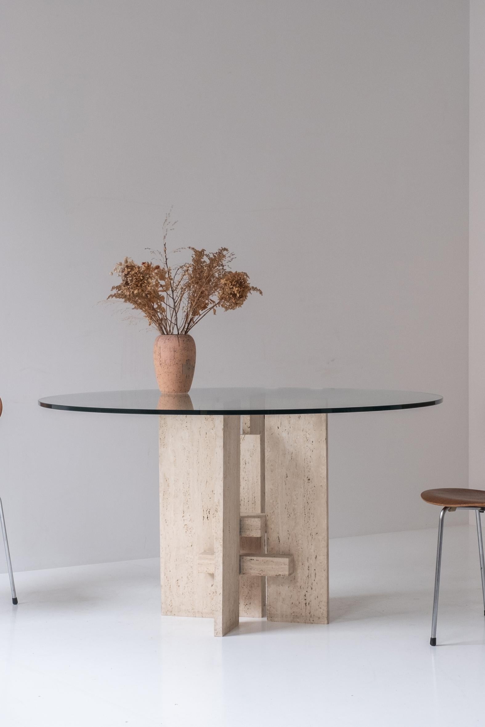 Travertine table with sculptural base designed and manufactured in the 1970s. For Sale 5