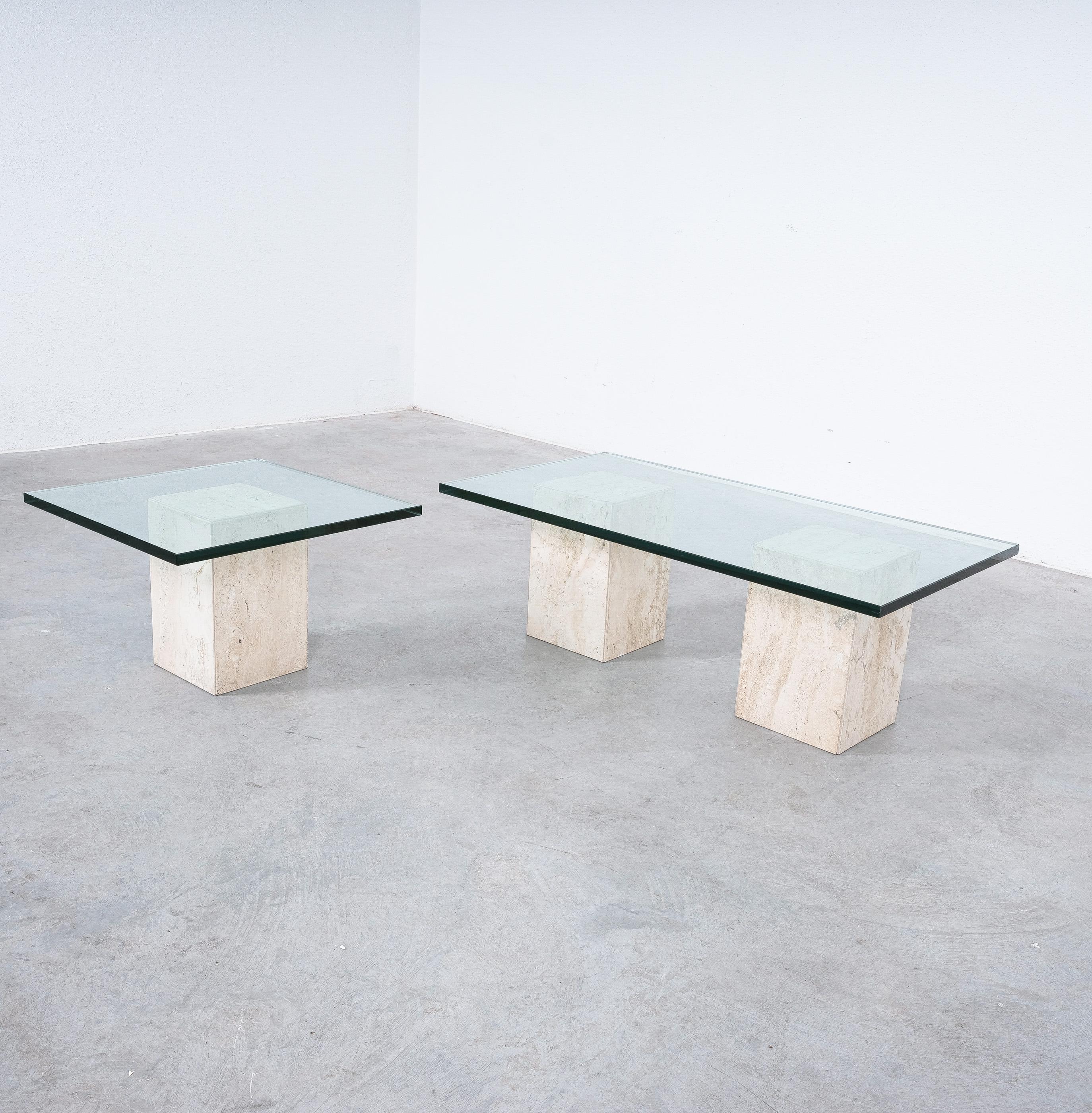 Mid-Century Modern Travertine Tables from Three Blocks with Glass Tops, Italy, circa 1970 For Sale