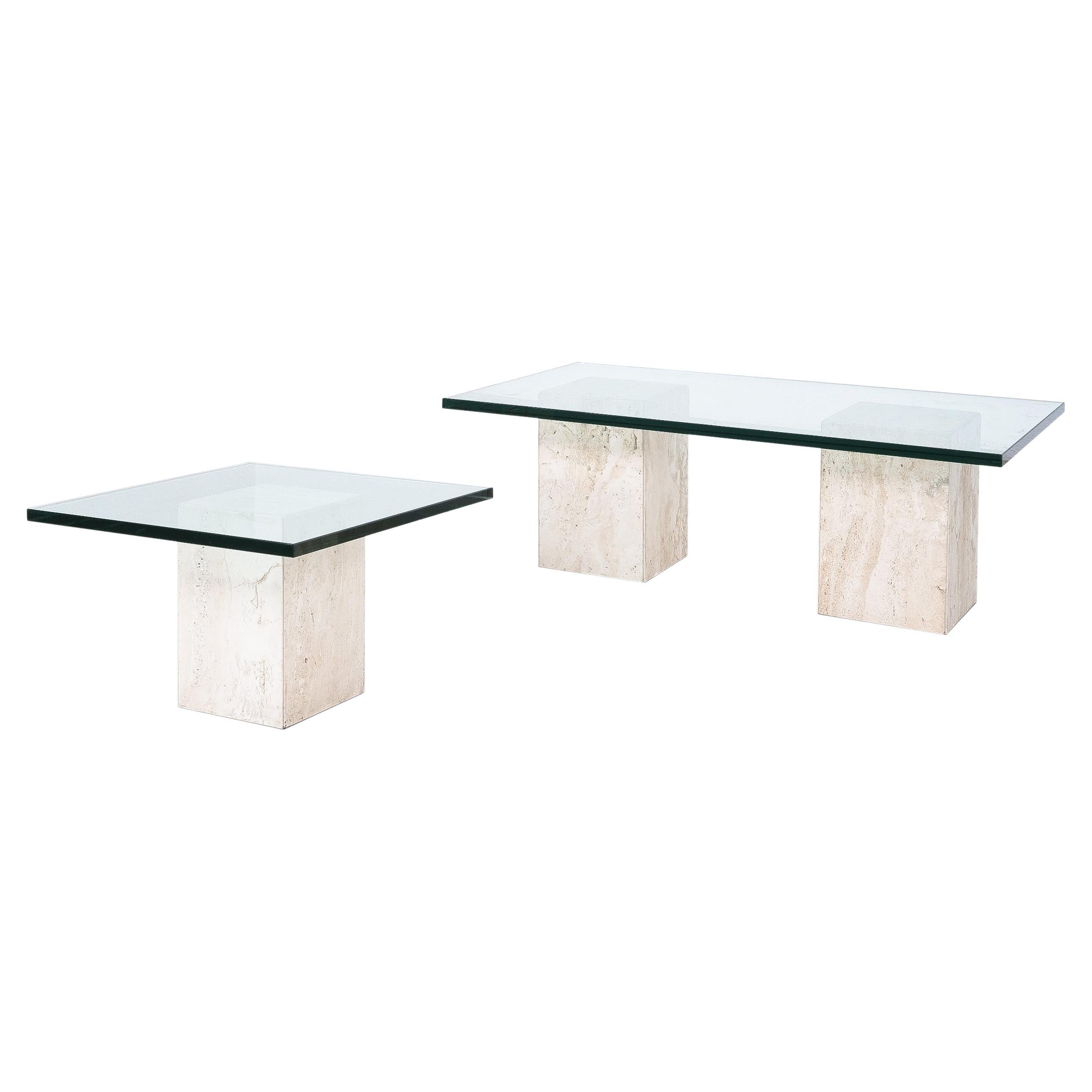 Travertine Tables from Three Blocks with Glass Tops, Italy, circa 1970 For Sale