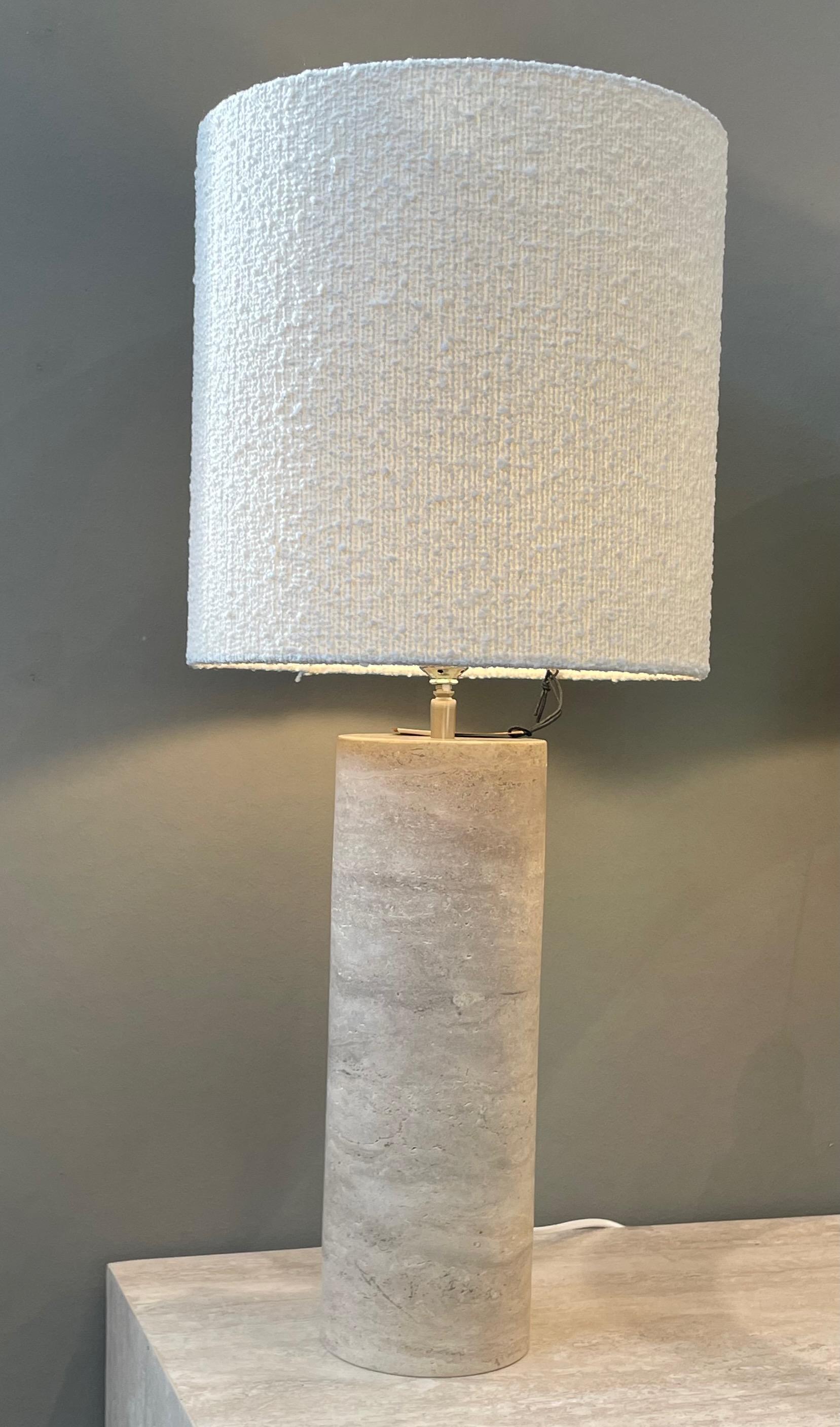 Contemporary Netherlands pair of travertine lamps.
Tall cylinder shaped base measures 5