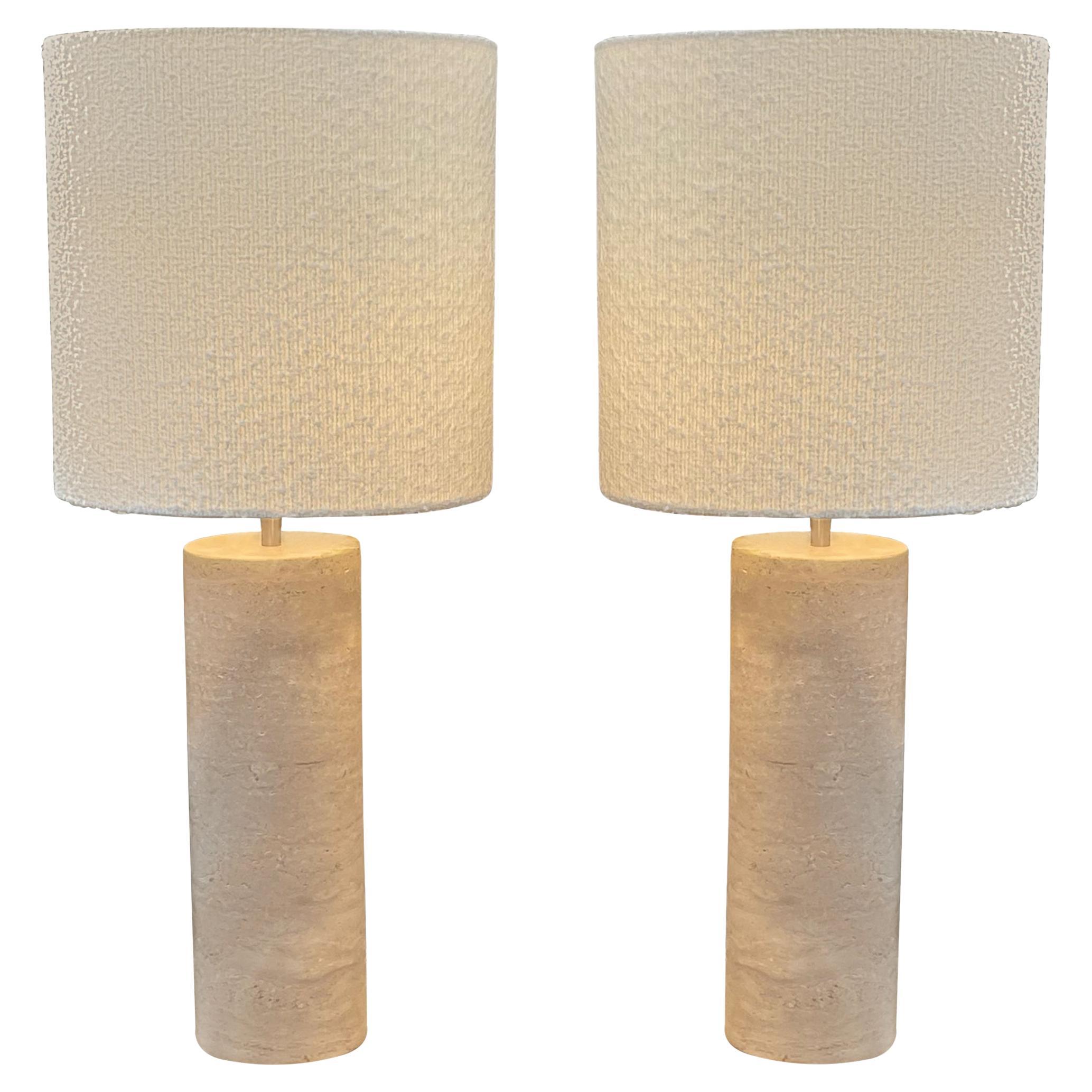 Travertine Tall Cylinder Shape Pair Lamps, Netherlands, Contemporary For Sale