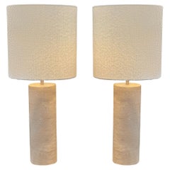 Travertine Tall Cylinder Shape Pair Lamps, Netherlands, Contemporary