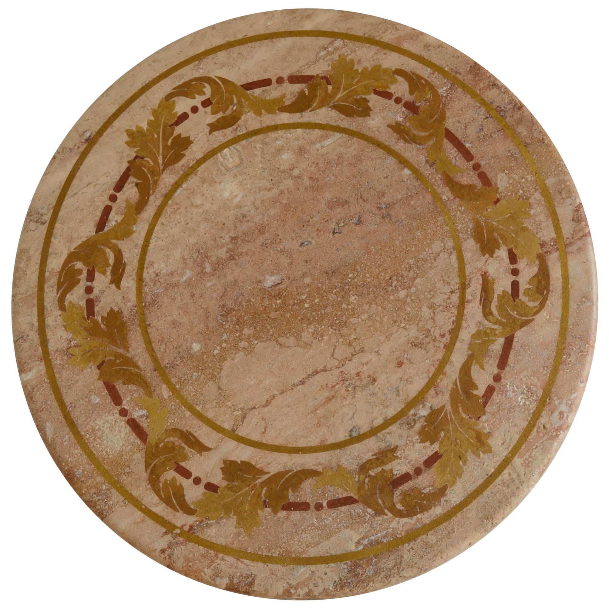 This table can be used as tea table, side table, lamp table it has multiple uses.
The top is manufactured in Travertine decorated with scagliola art inlays, technique of the 16th century.
The acanthus leaf decoration stands on a simple iron base in