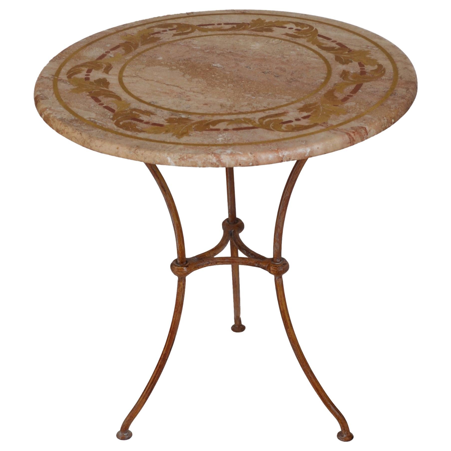 Round  gueridon Table handmade scagliola art Inlays Travertine top metal base