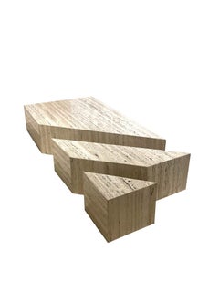 Mid Century Italian Three Piece Coffee Table, Polished Travertine, 60"