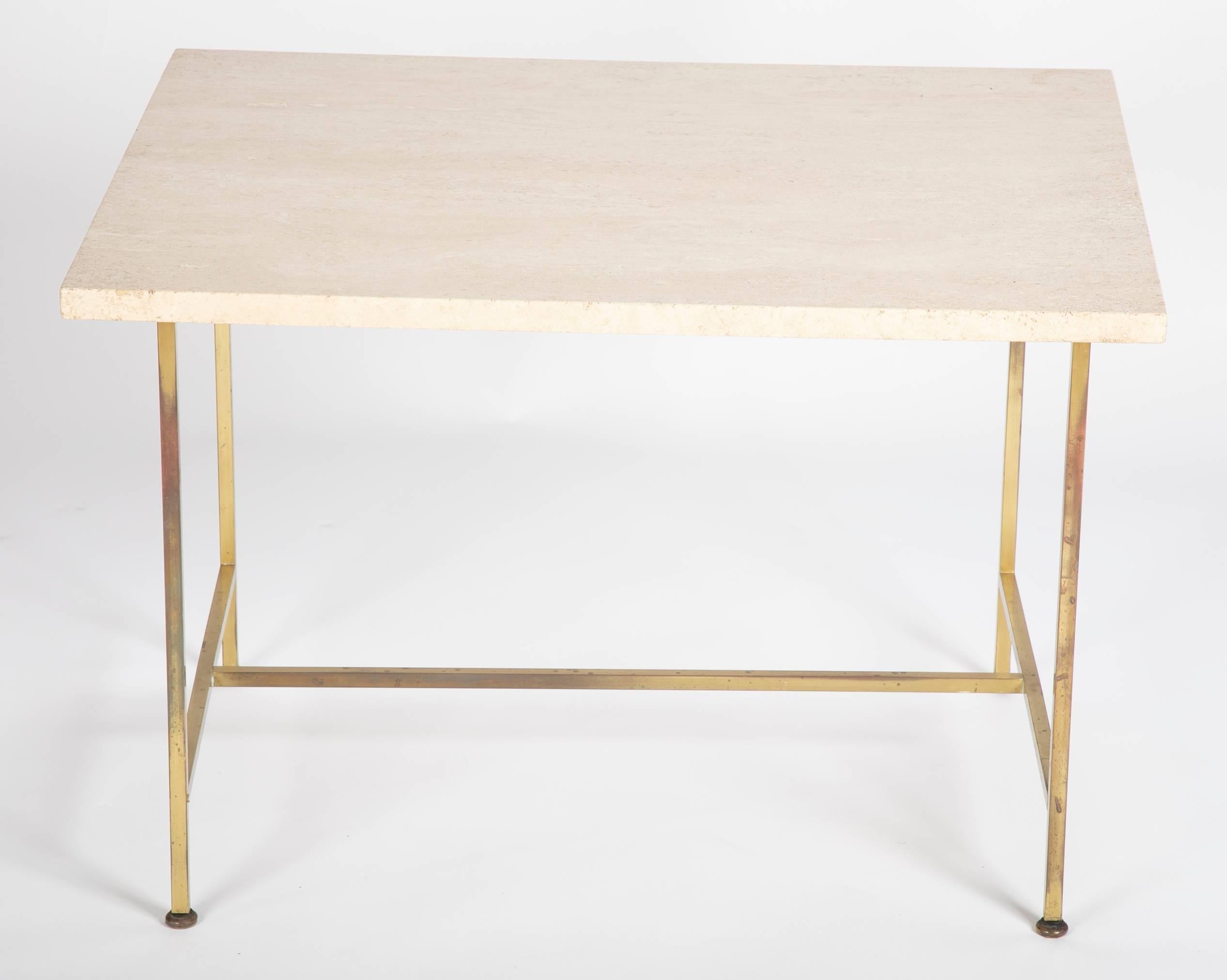 Mid-Century Modern Travertine Top Brass Side Table Designed by Paul McCobb