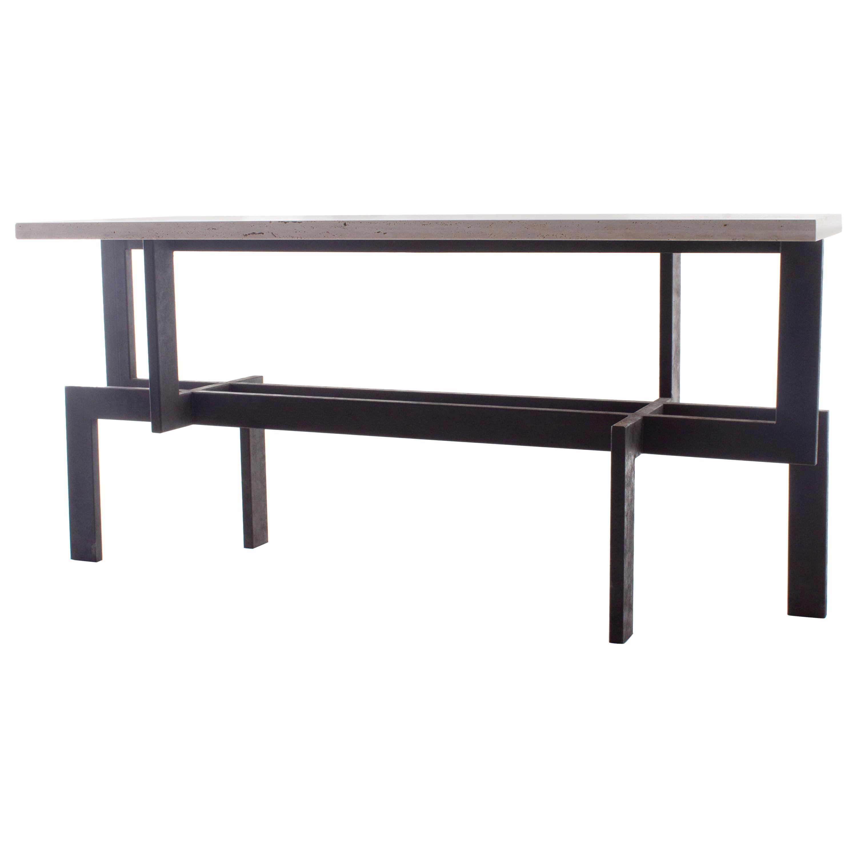 Modernist patinaed Steel Console Table with Open Travertine Top.