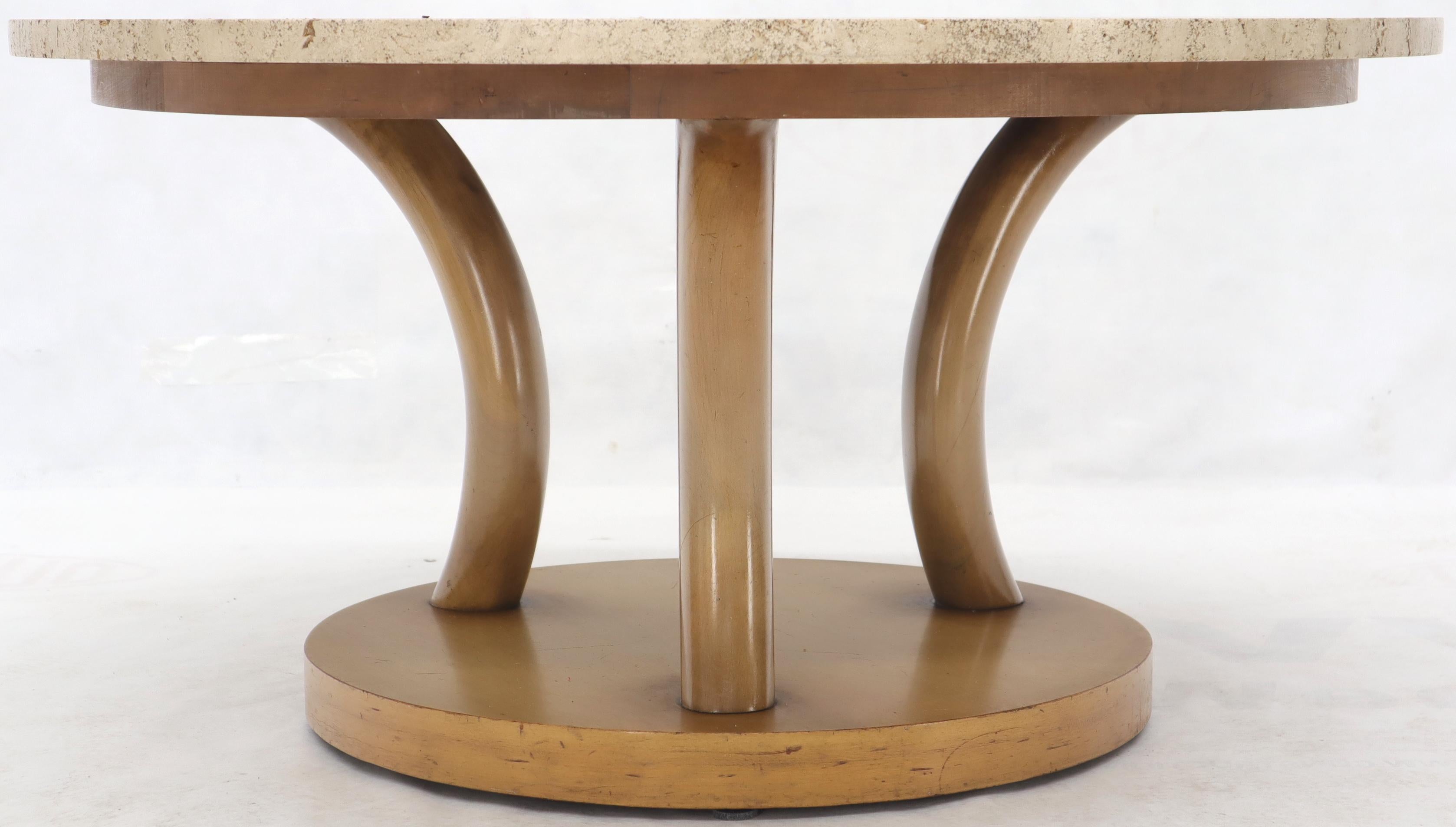 Lacquered travertine Top Horn Like Pillars Tripod Base Round Coffee Table For Sale