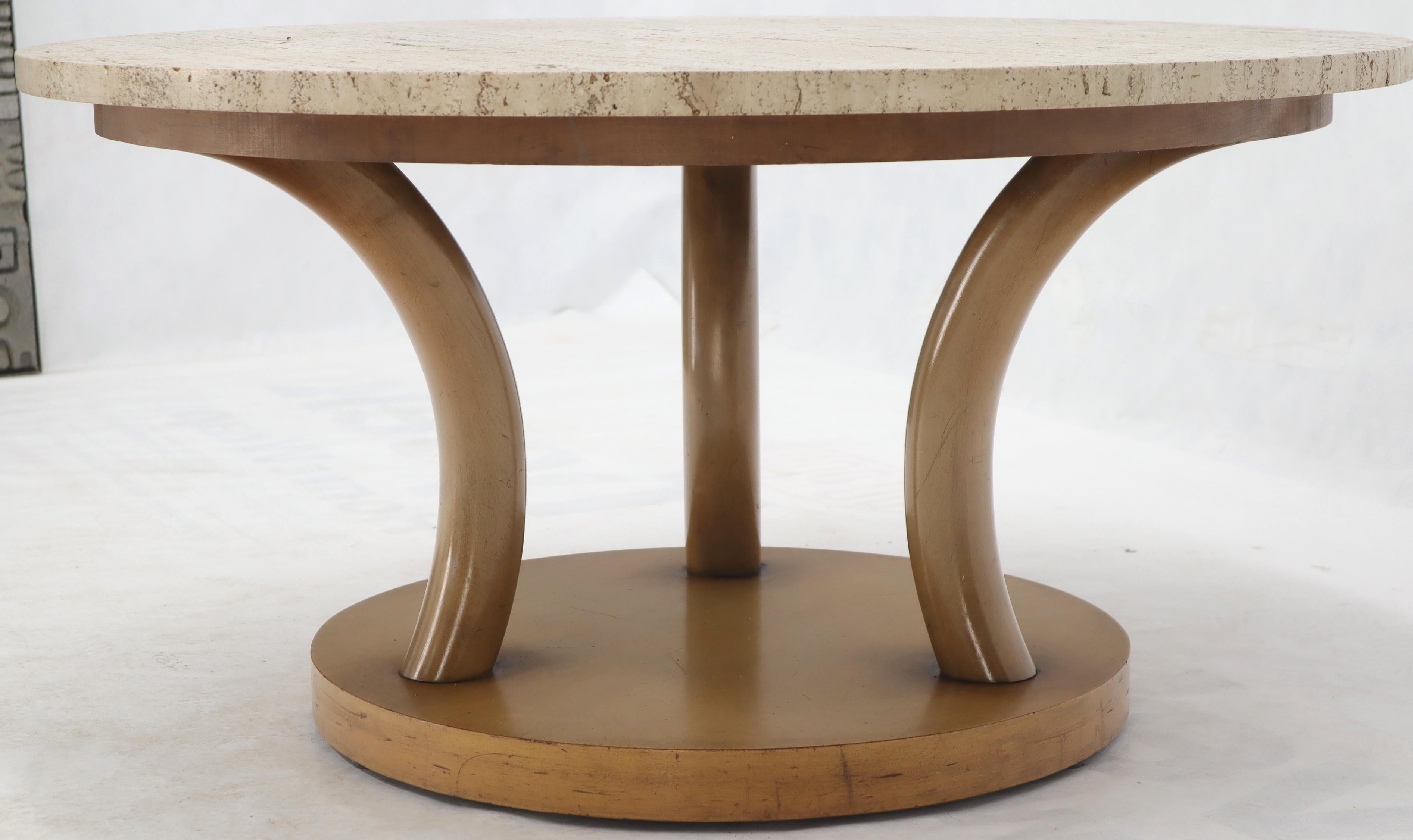 travertine Top Horn Like Pillars Tripod Base Round Coffee Table In Excellent Condition For Sale In Rockaway, NJ