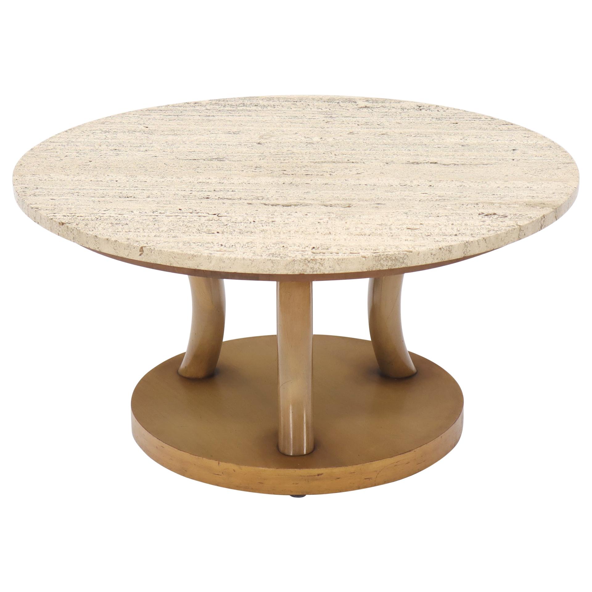 travertine Top Horn Like Pillars Tripod Base Round Coffee Table For Sale