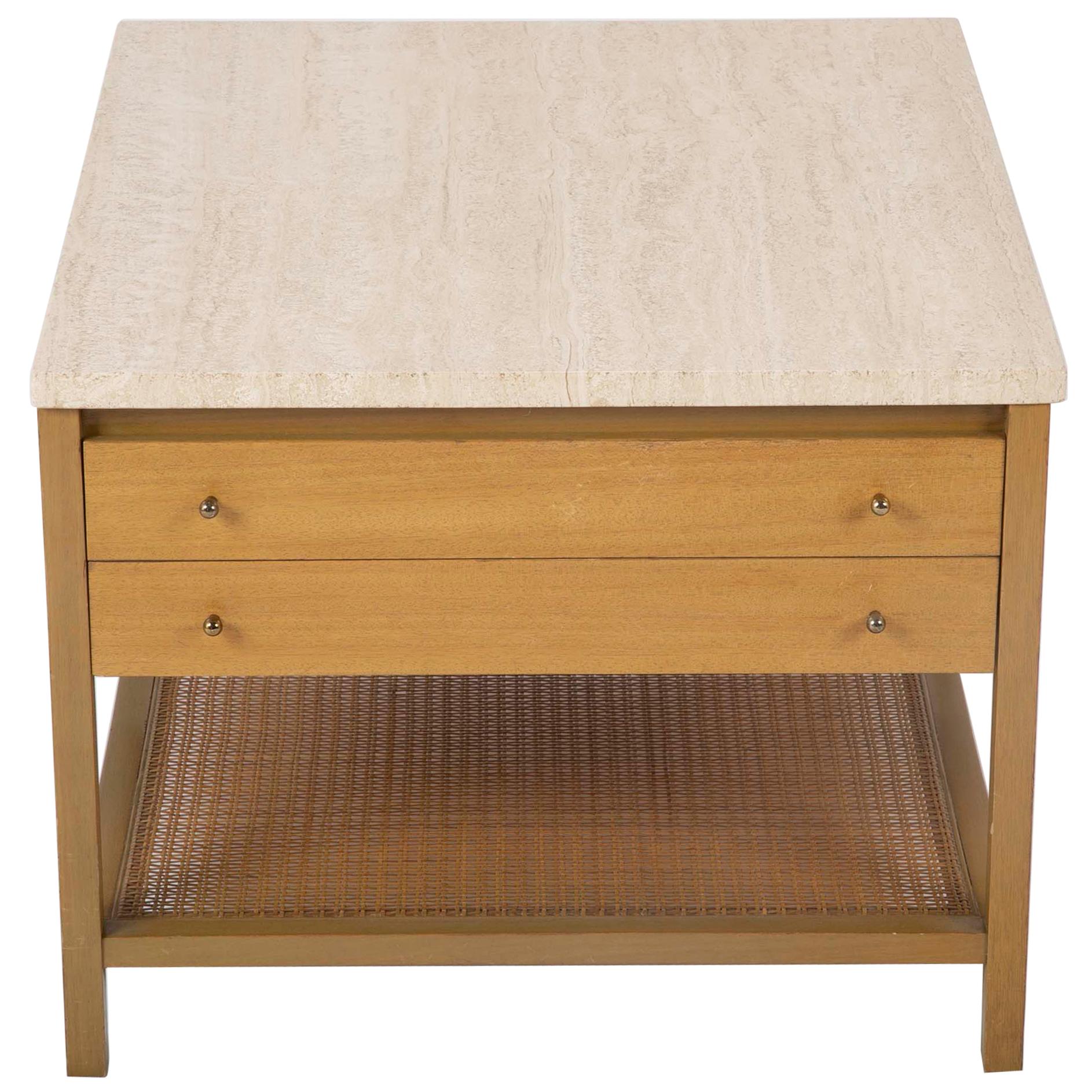 Travertine Top Mahogany Side Table Designed by Paul McCobb