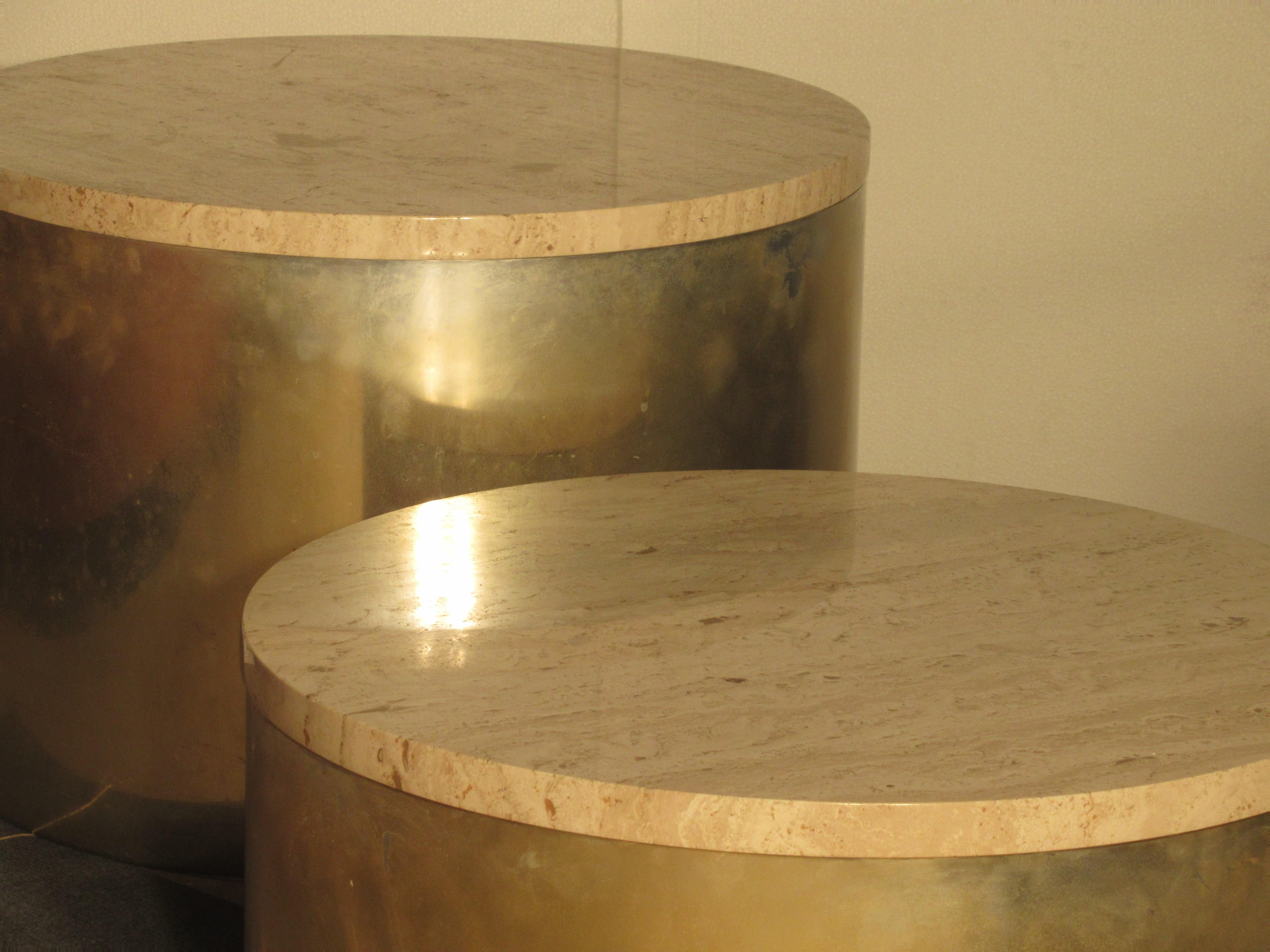 Travertine Top Minimalist Cylinder Tables by Paul Mayen - Habitat International In Good Condition In Rochester, NY
