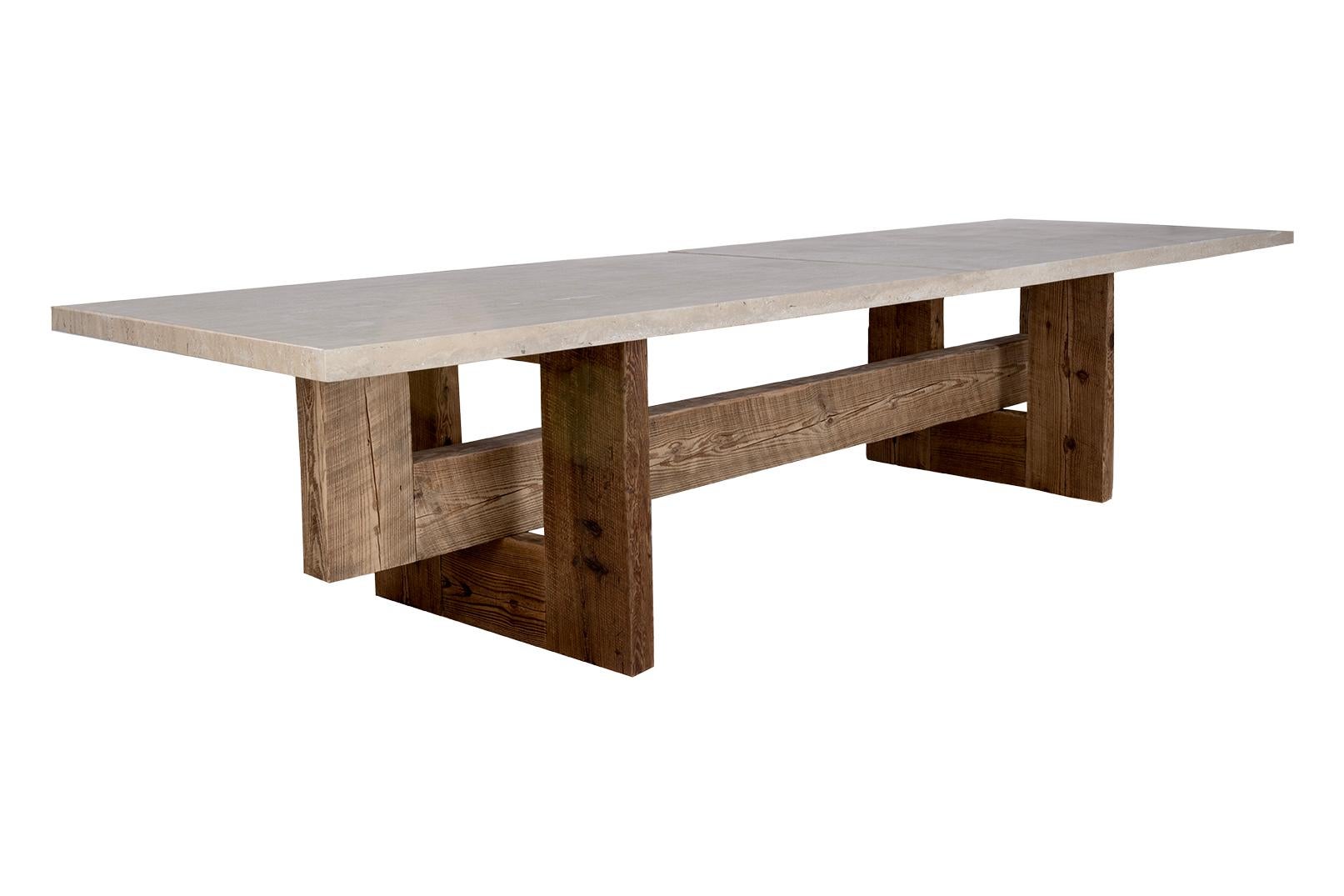 Organic Modern Travertine Top on Geometric Pine Base Dining Table For Sale