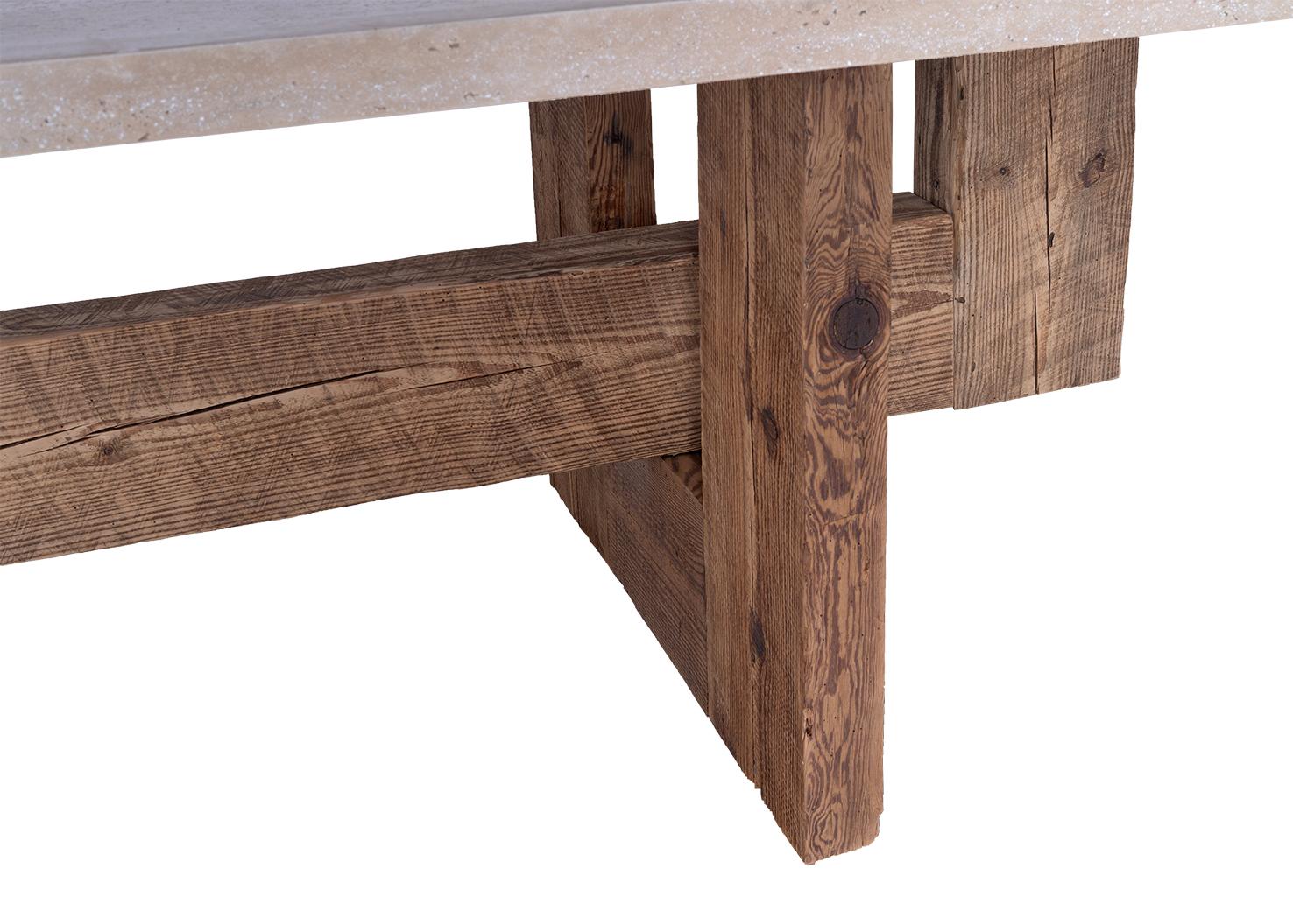Travertine Top on Geometric Pine Base Dining Table For Sale 2