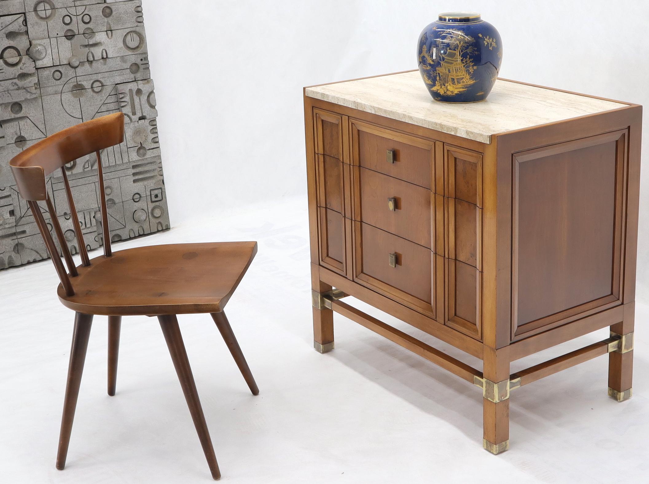 Mid-Century Modern 3-drawer fruitwood bachelor chest with brass hardware.