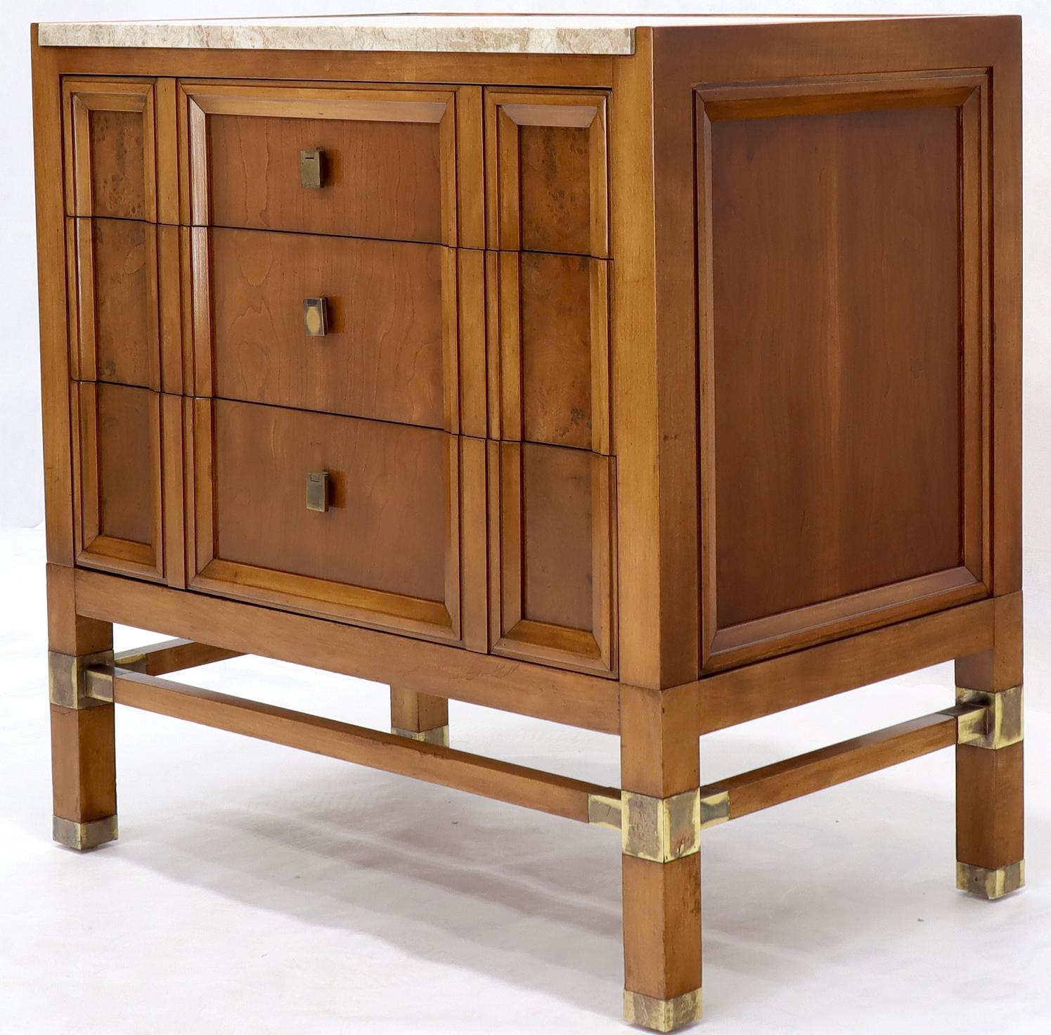Mid-Century Modern Travertine Top Three Drawers Bachelors Chest with Brass Pulls and Accents For Sale