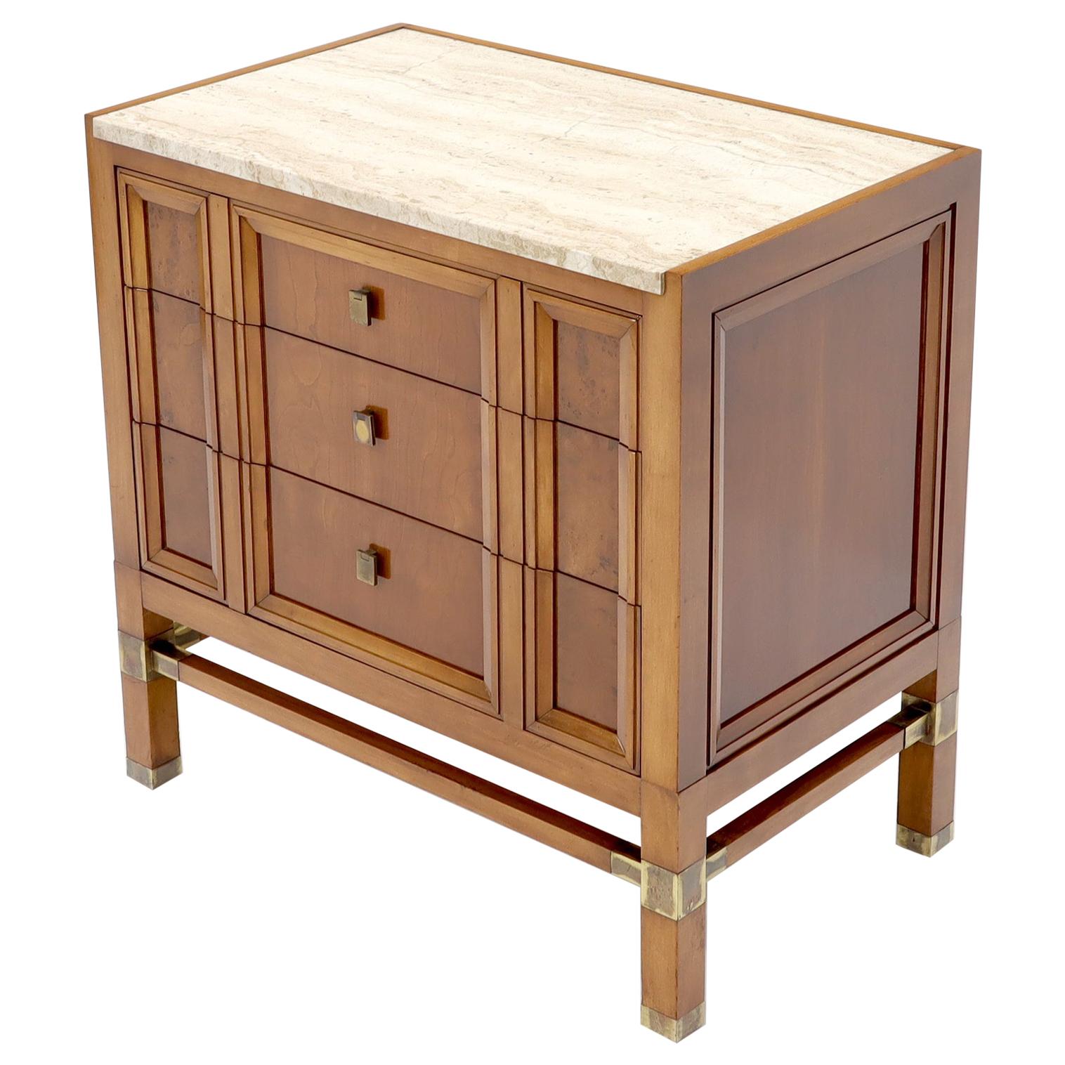 Travertine Top Three Drawers Bachelors Chest with Brass Pulls and Accents For Sale