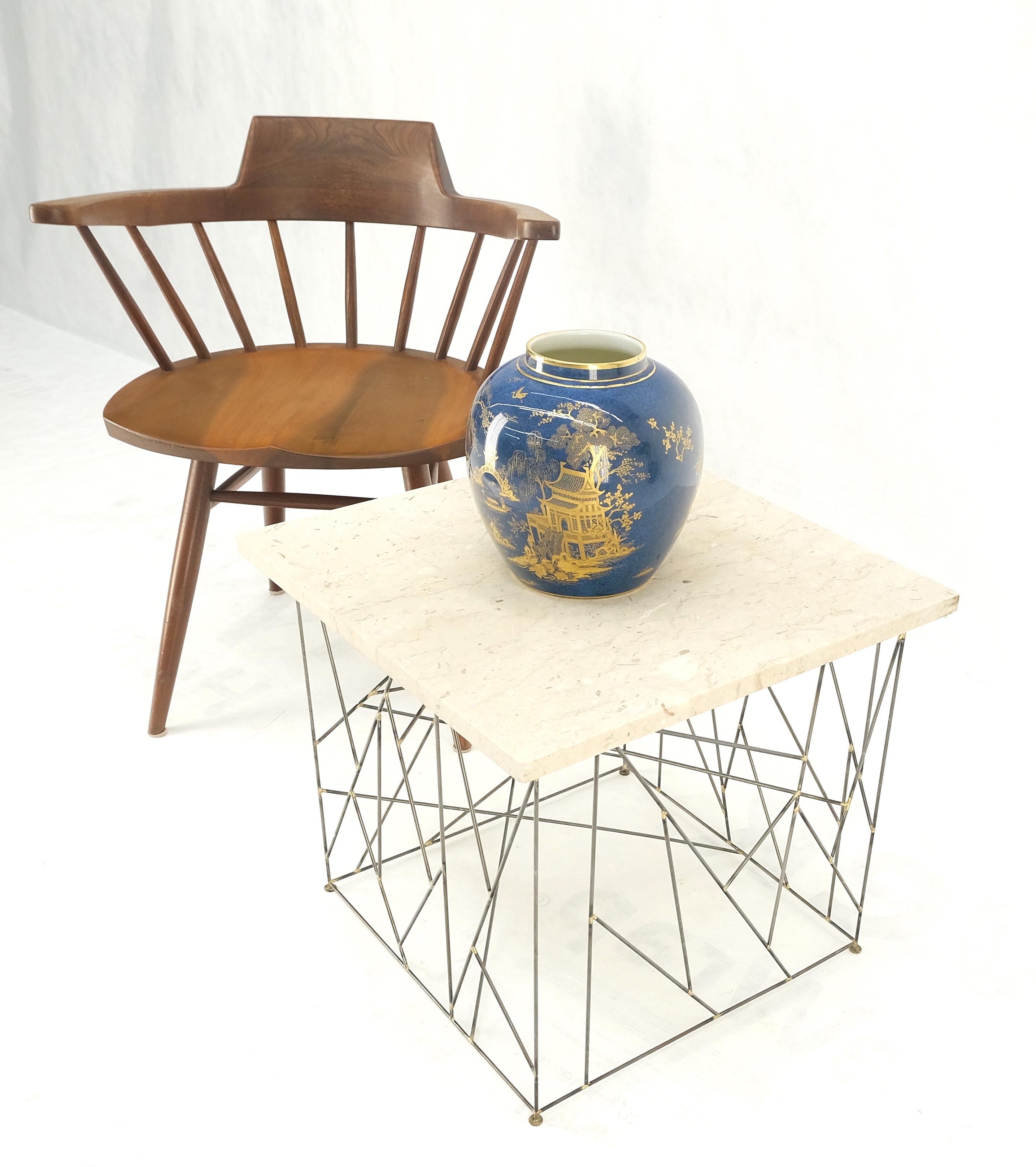 Brass Travertine Top Wire Base Square Side End Table Stand Mid-Century Modern MINT! For Sale