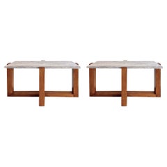 Travertine Top with Walnut Base Pair of Console Tables, Italy, 1960s