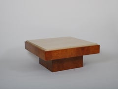 Mid-Century travertine and walnut burr coffee table. Italy c1970