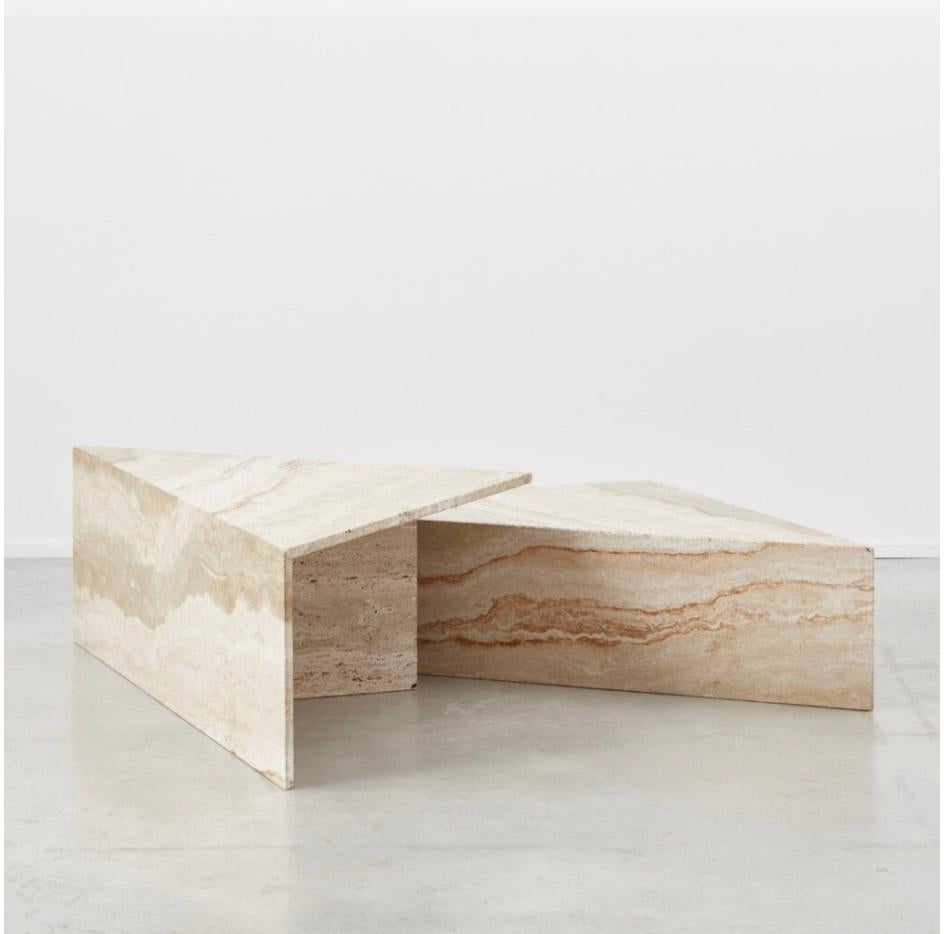 Mid-Century Modern Travertine Triangle Duo Coffee Table for Up&Up, Italy, circa 1970