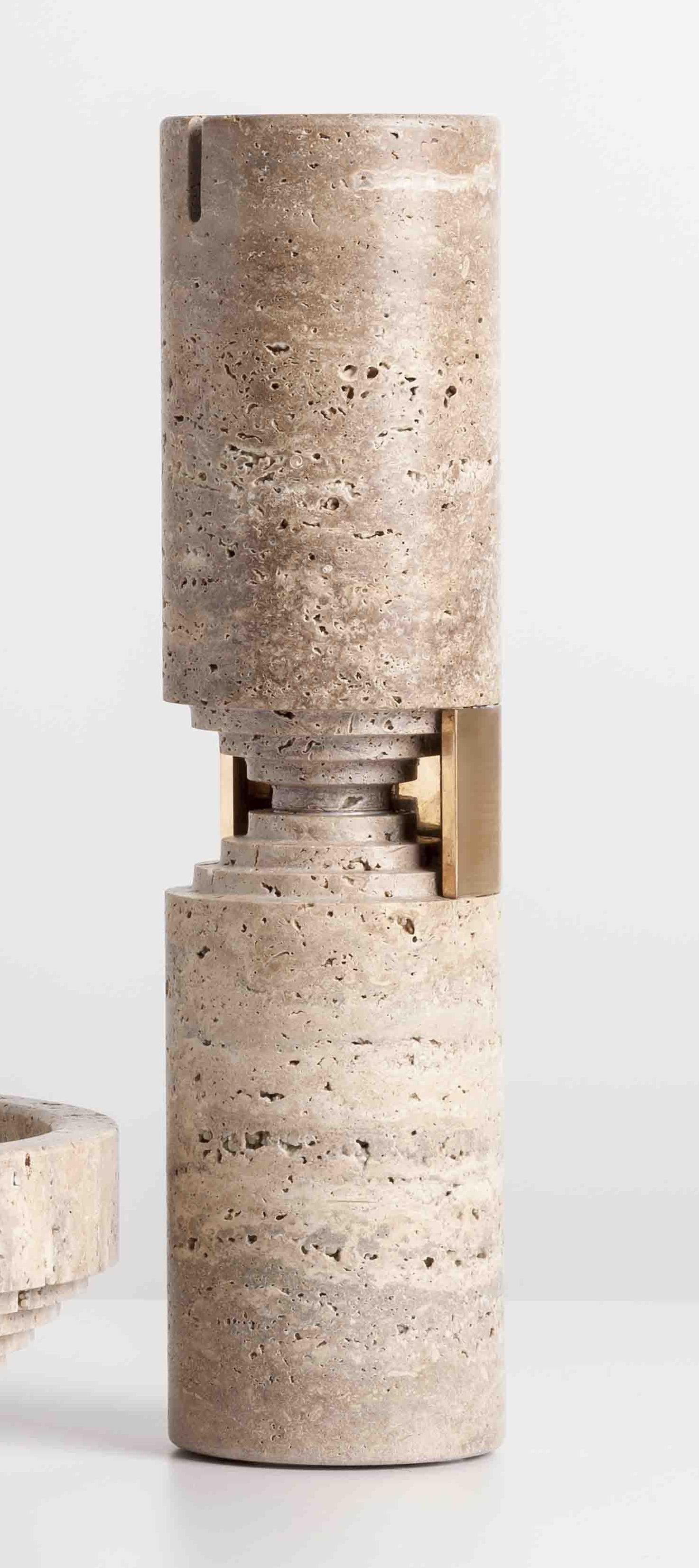 Travertine Trieste Big Vase by Andrea Bonini
Limited Edition
Dimensions: Ø 10 x H 40 cm.
Materials: Travertine and natural brass.

Made in Italy. Limited series, numbered and signed pieces. Custom size or finish on request. Different marble options