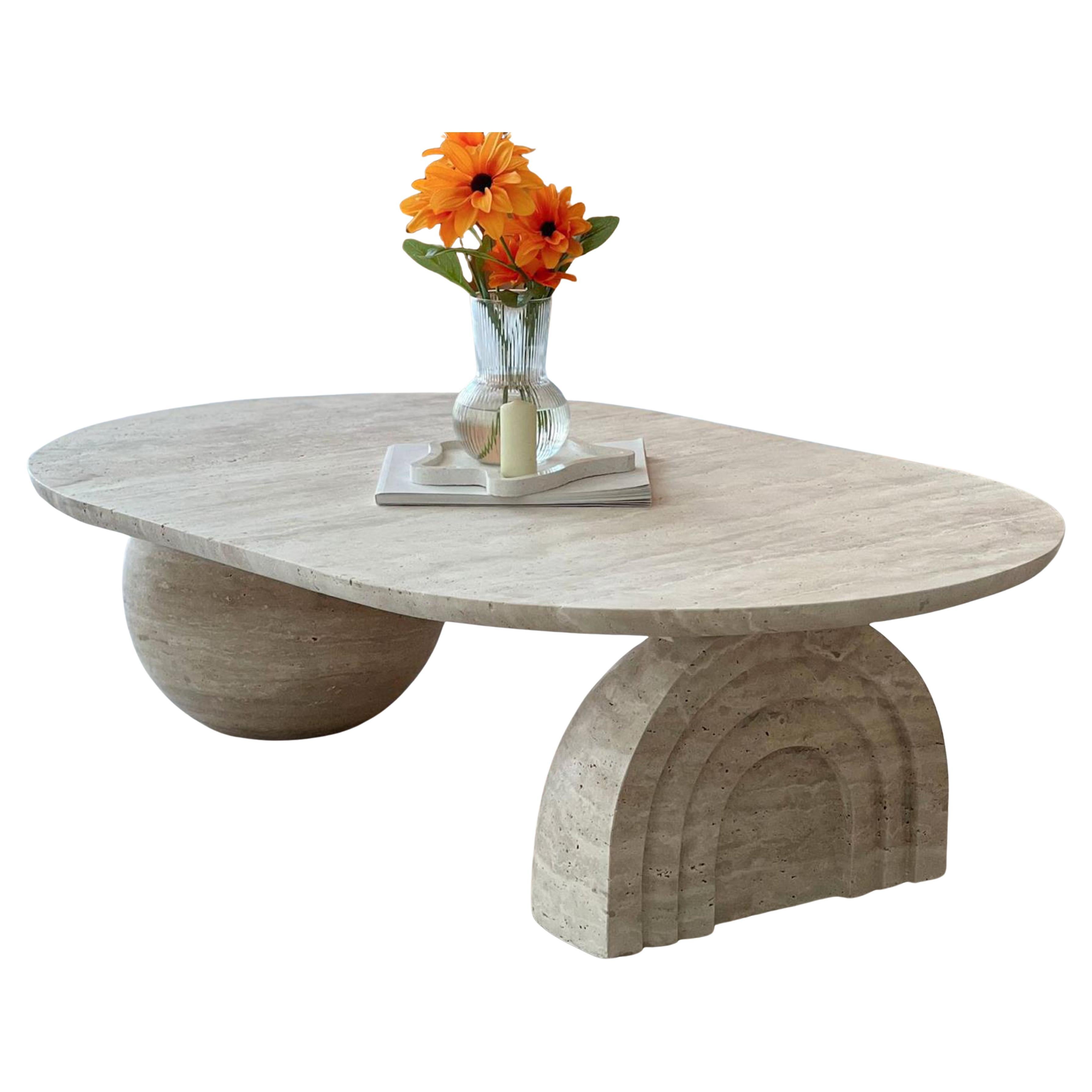Couchtisch aus Travertin mit Tulpenmuster - Travertin-Marmor-Mitteltisch
