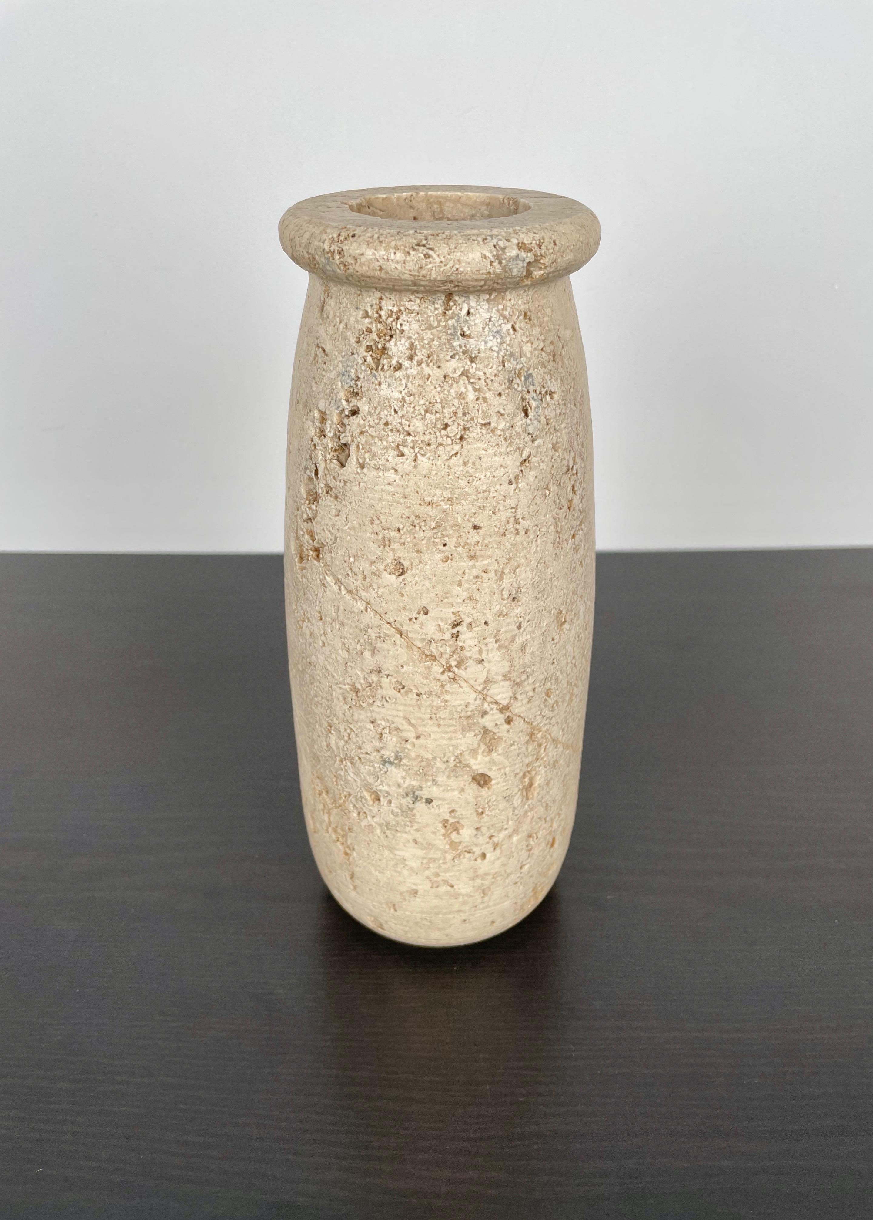 1970s Italian travertine marble vase in the style of the designer Angelo Mangiarotti.