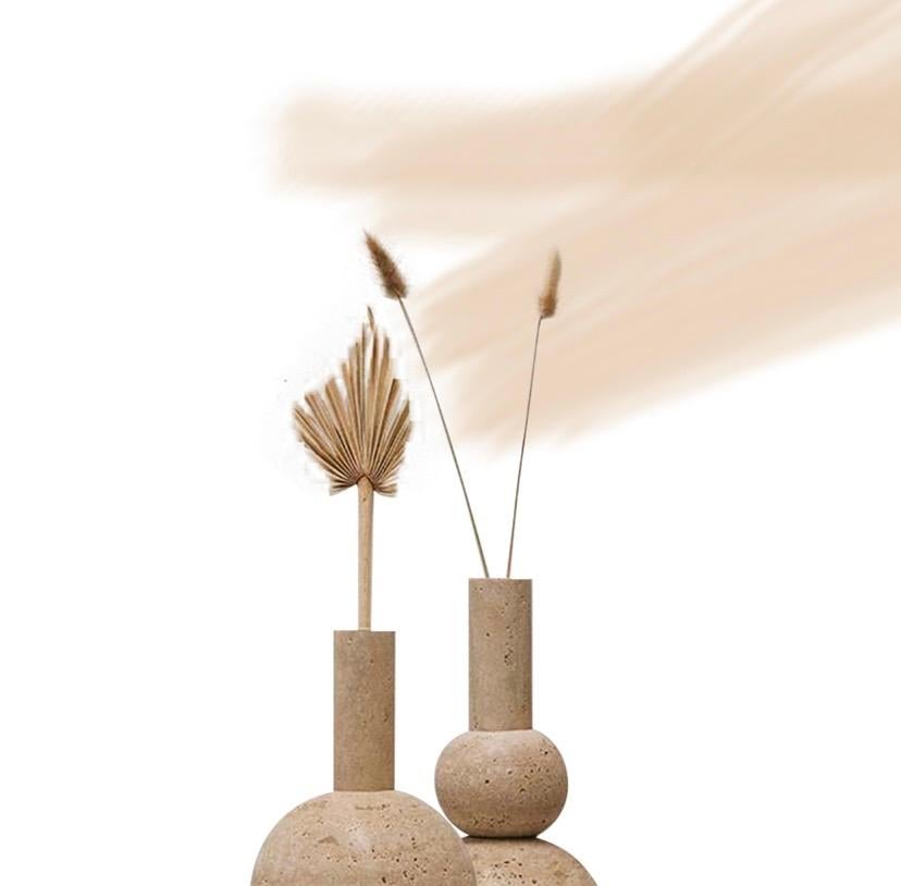 Moderne VASE TRAVERTINE set de 2, objet décoratif en travertin pierre naturelle - Vase en vente