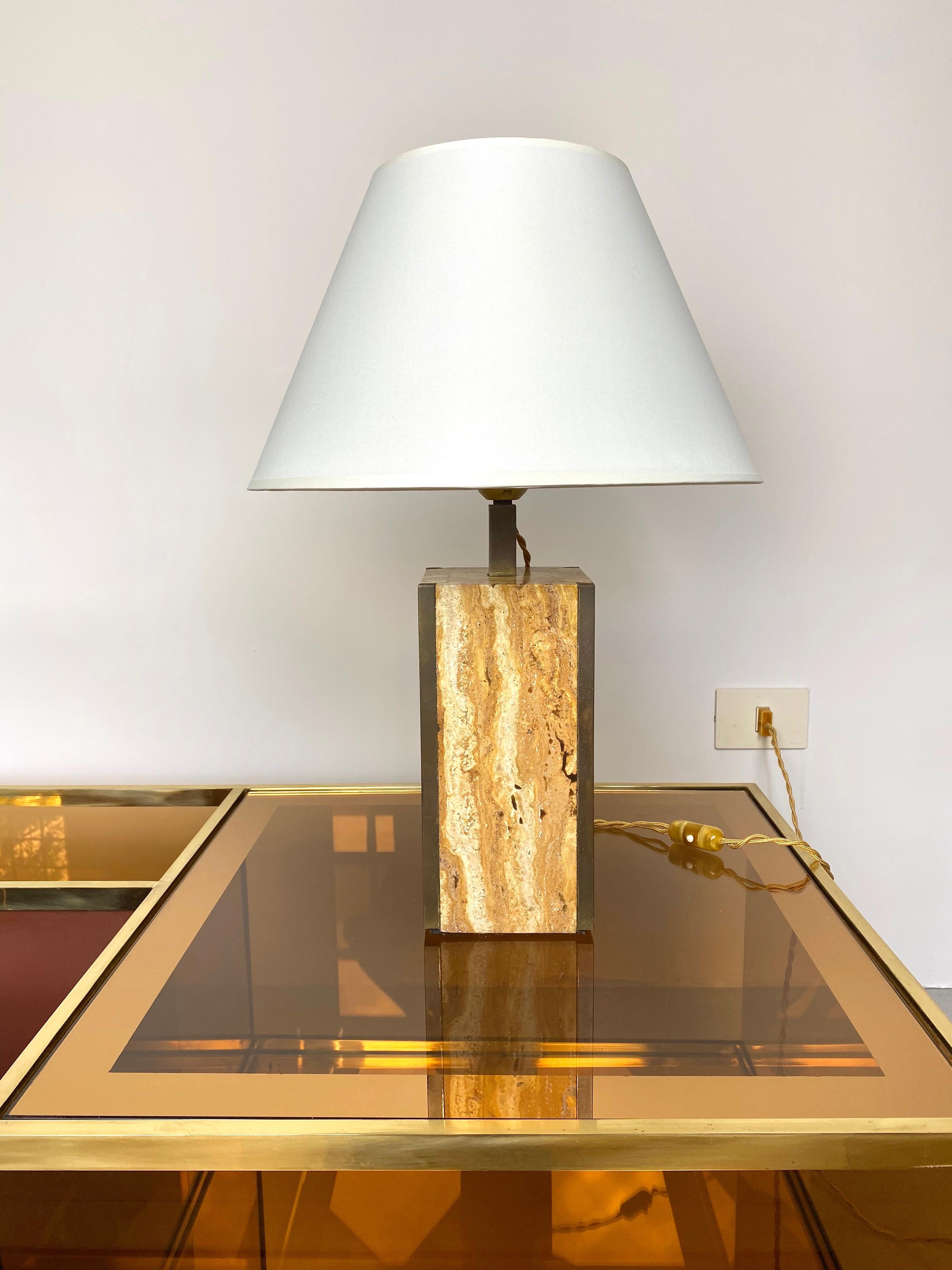 Italian Travertine Walnut and Brass Table Lamp, Italy, 1970s For Sale