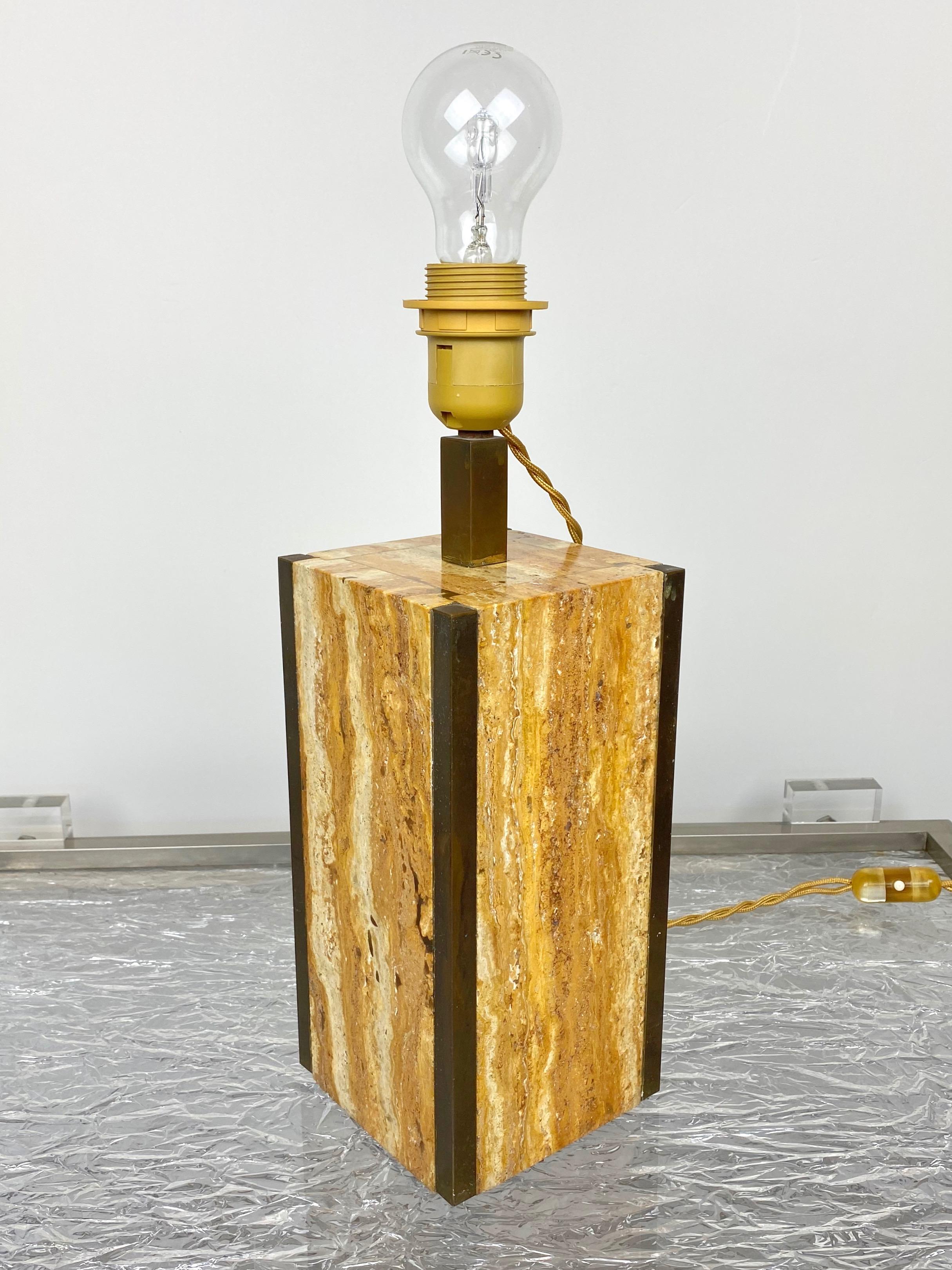 Late 20th Century Travertine Walnut and Brass Table Lamp, Italy, 1970s For Sale