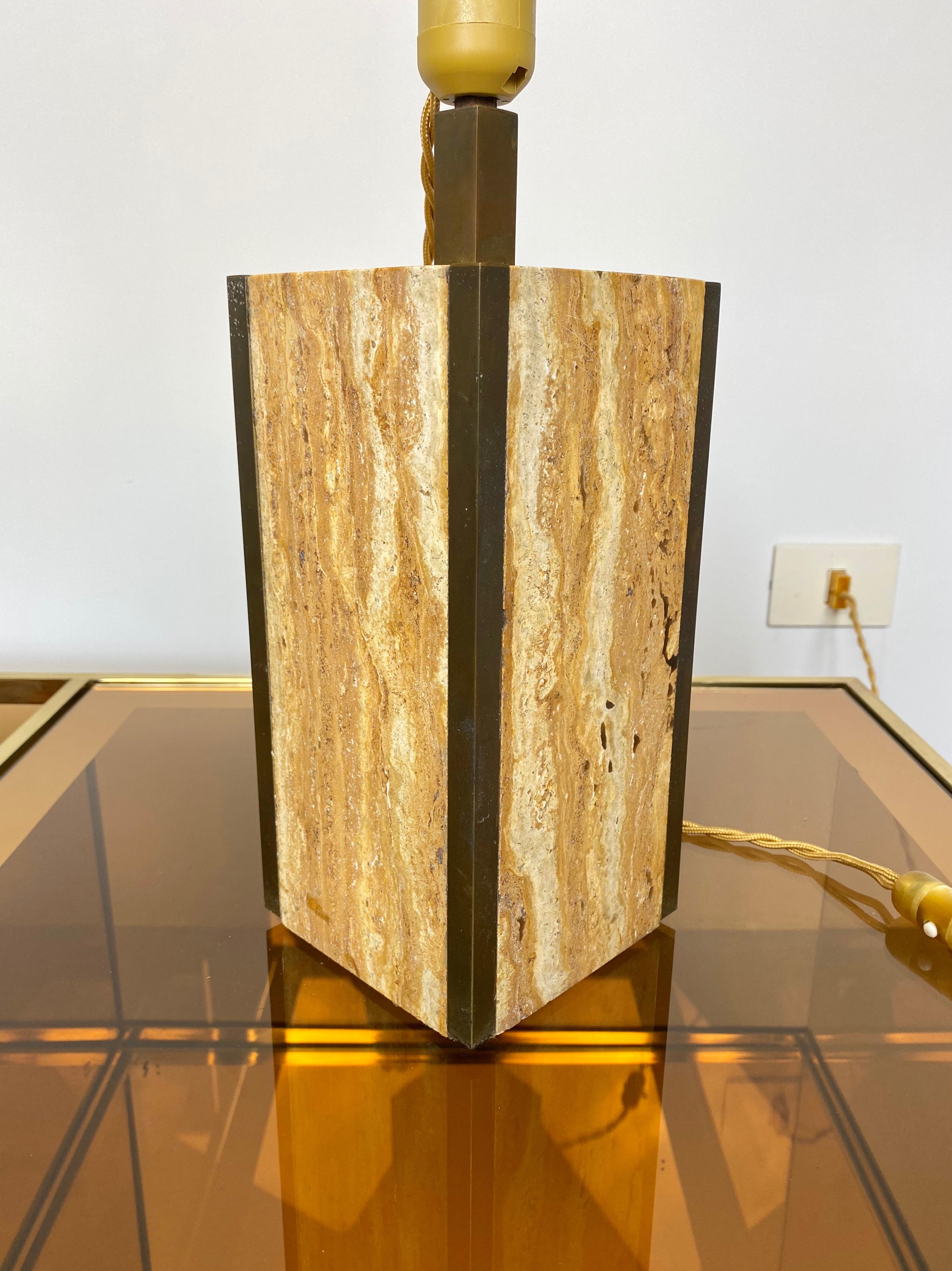 Metal Travertine Walnut and Brass Table Lamp, Italy, 1970s For Sale