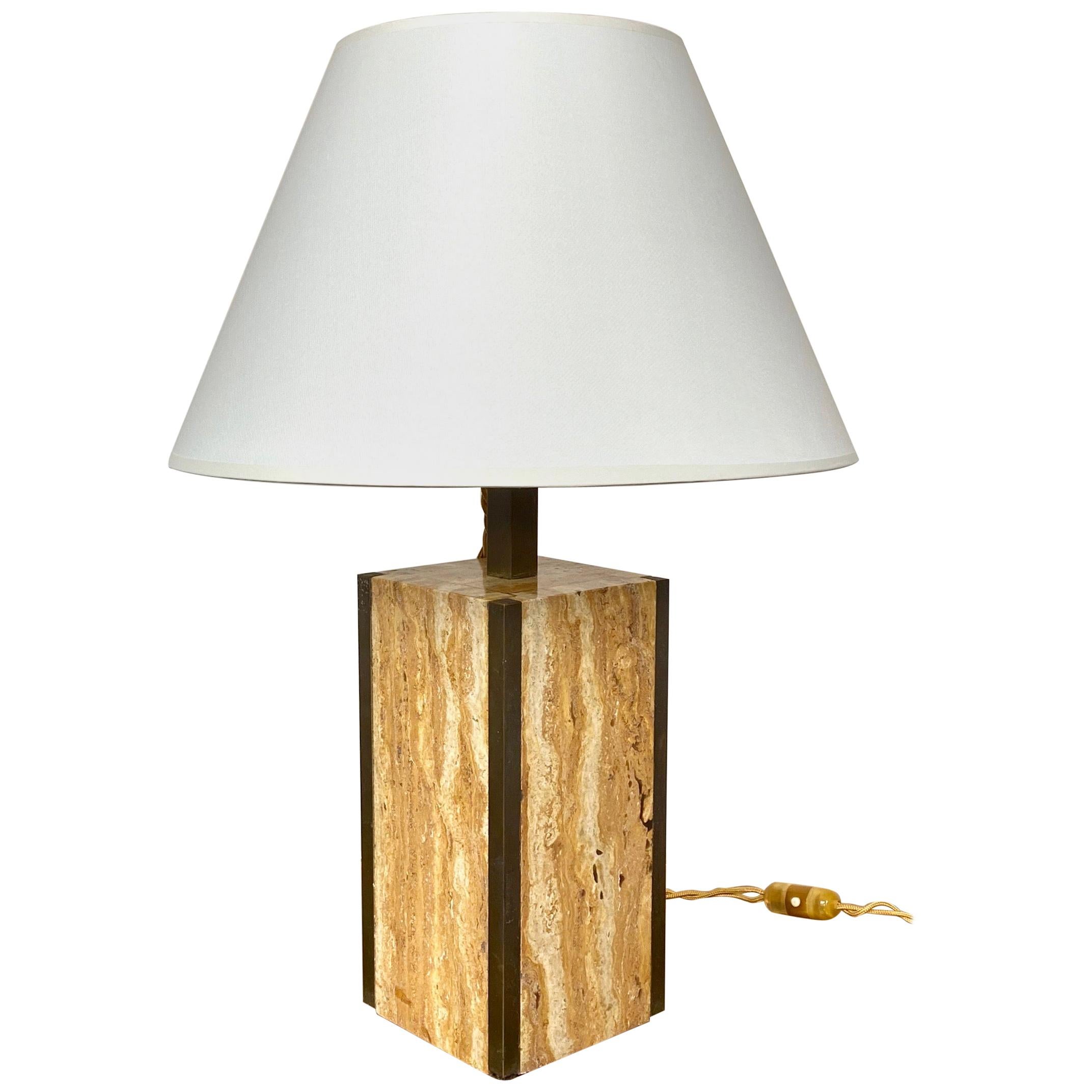 Travertine Walnut and Brass Table Lamp, Italy, 1970s For Sale