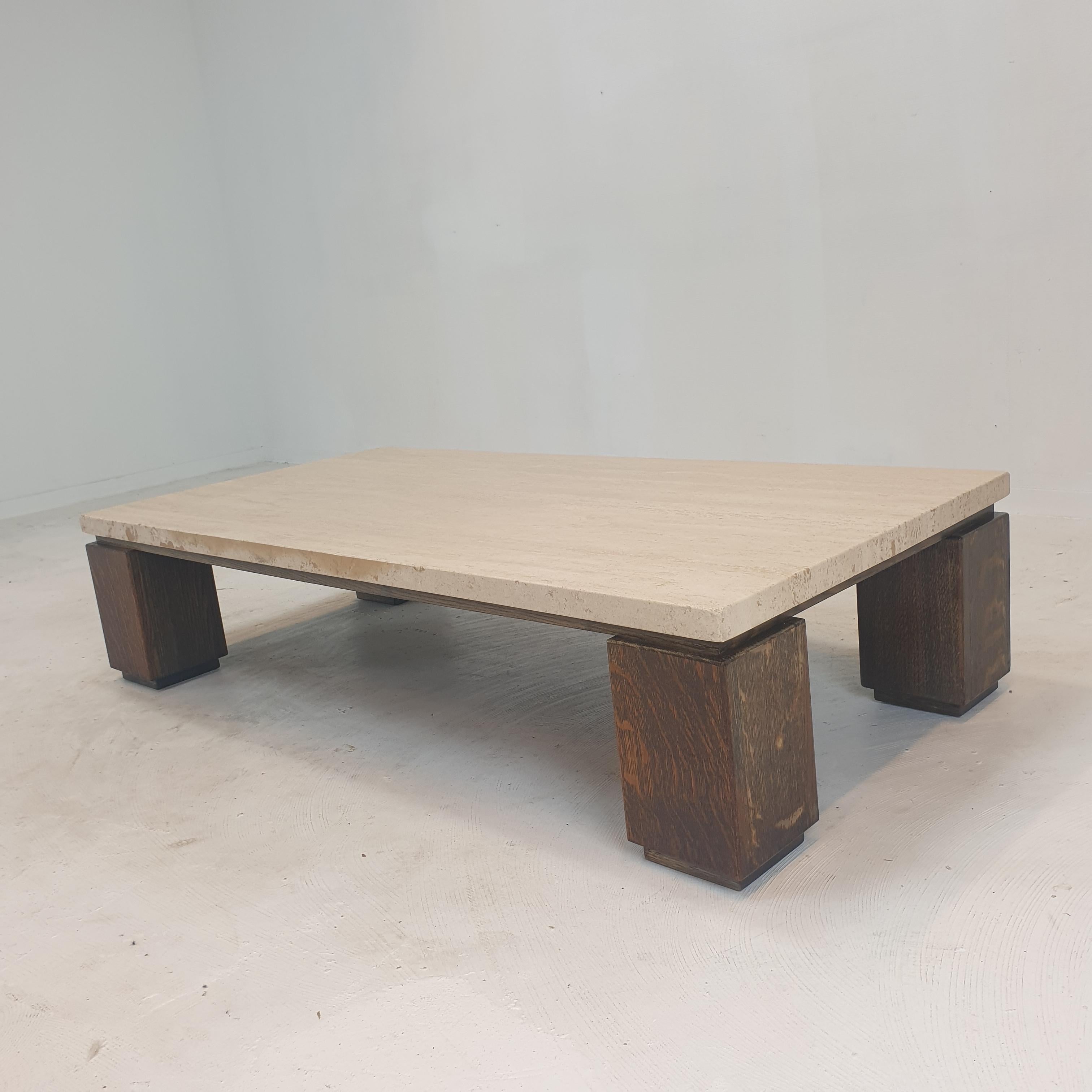 Belgian Travertine with Wengé Coffee Table, 1970s For Sale