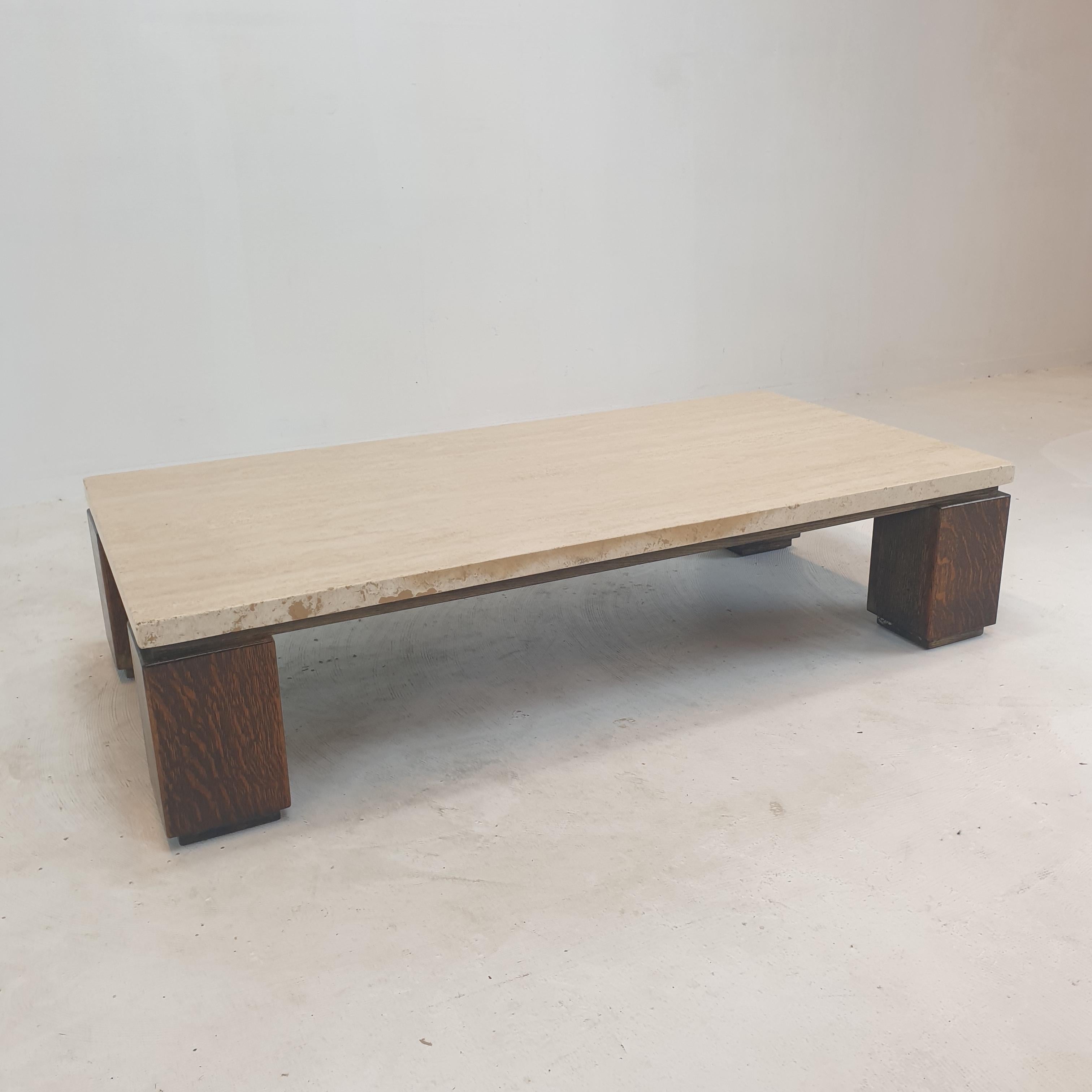 Hand-Crafted Travertine with Wengé Coffee Table, 1970s For Sale