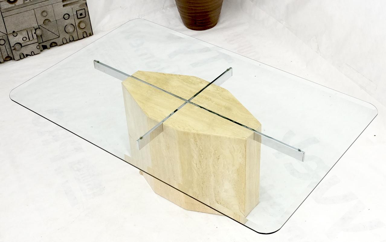 Mid-Century Modern glass top travertine base rectangular coffee table. Made in Italy.