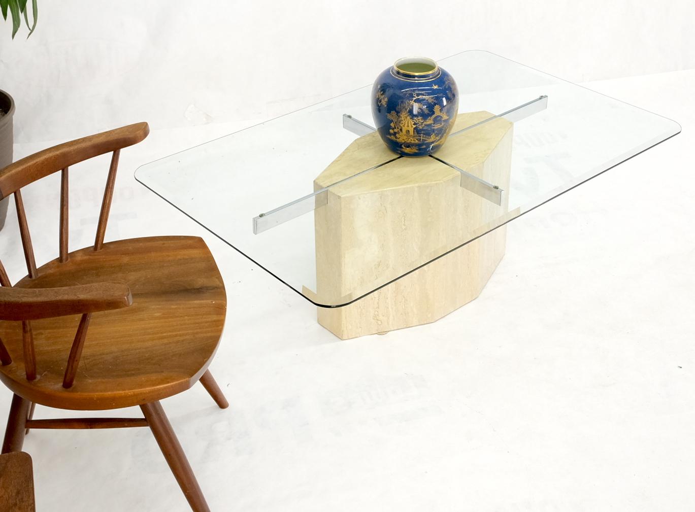 20th Century Traverting & Chrome Diamond Shape Pedestal Base Glass Top Rectangle Coffee Table For Sale