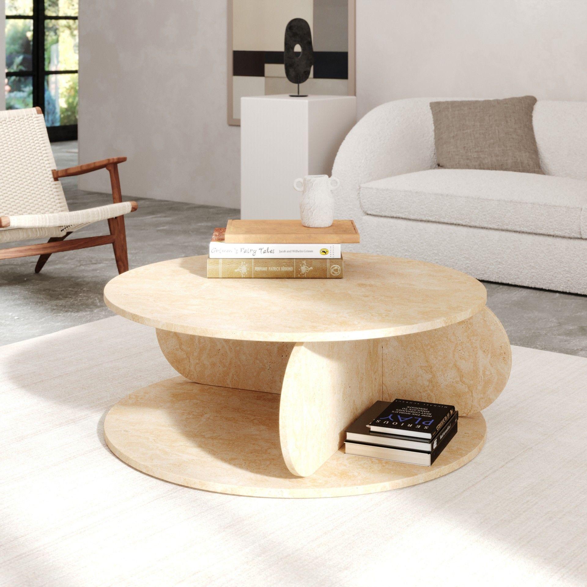 Portuguese Travertino Marble Round Coffee Table For Sale