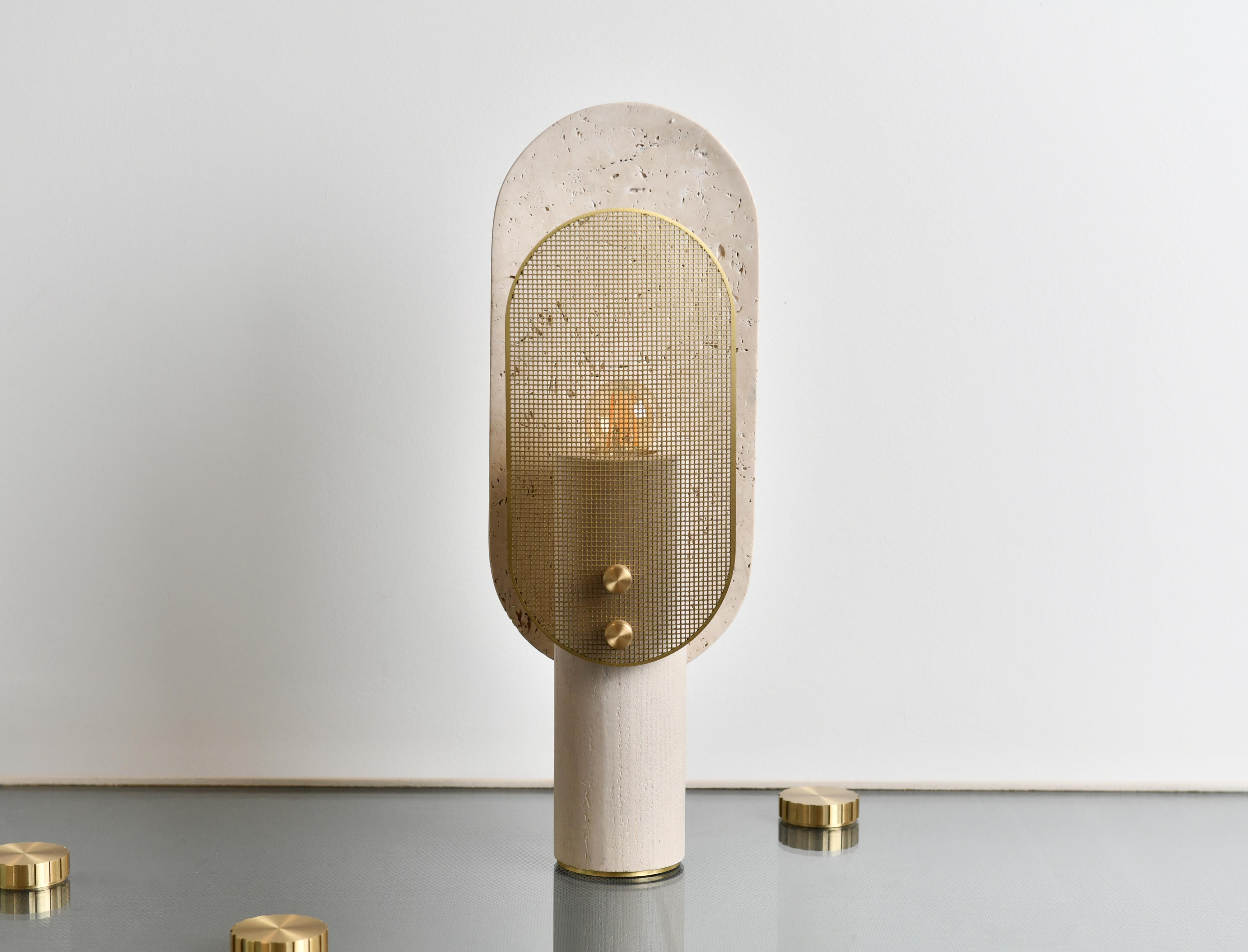 Nostalgia table lamp by Saccal Design House
Dimensions: L 19 x D 13 x H 50 cm
Materials: Travertino Navona, oakwood, brass 

Saccal Design House, located in Beirut Lebanon, was founded in 2014 by two sisters Nour and Maysa Saccal.
The company