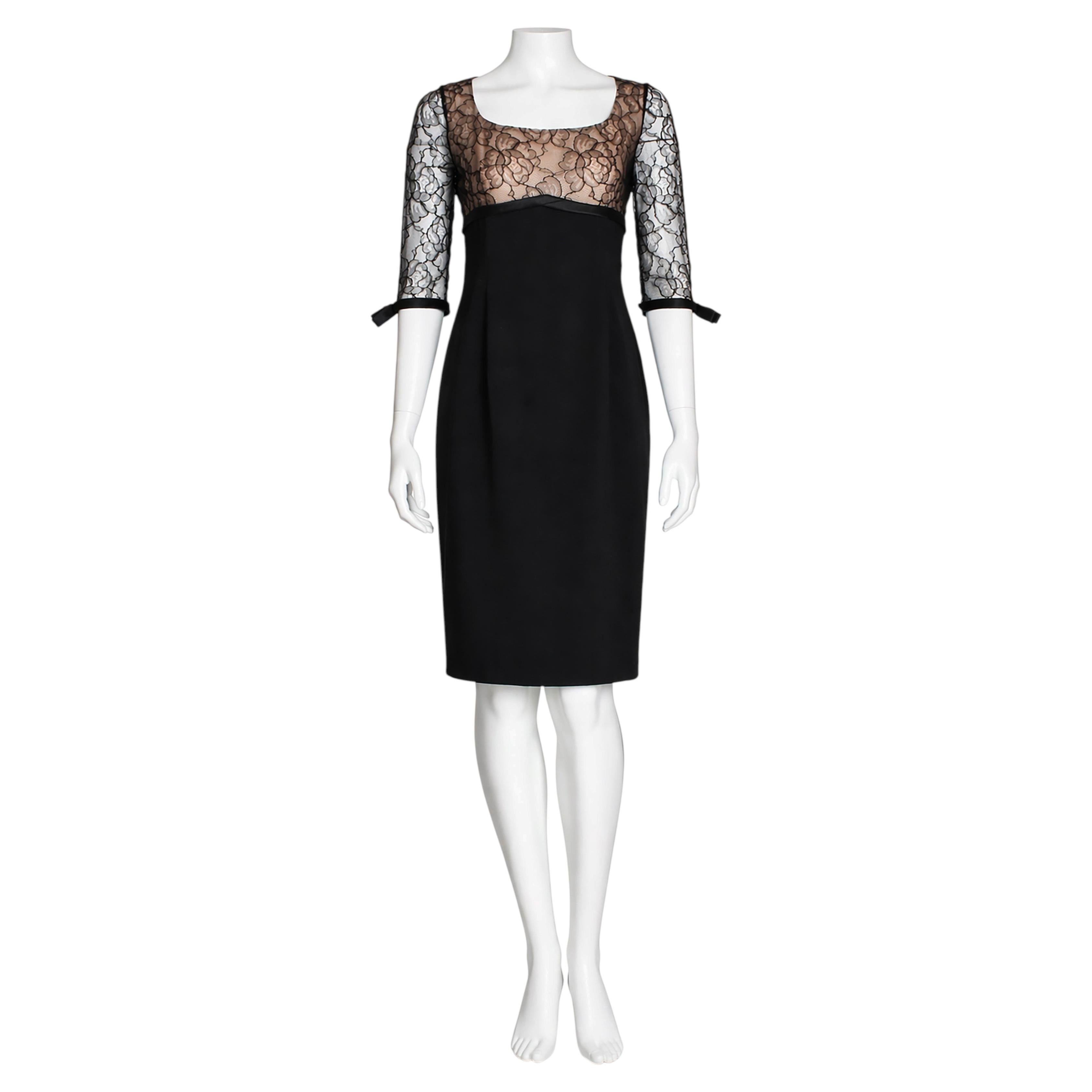 1980s Vintage Travilla Black Cocktail Dress with Illusion Lace, Size 8