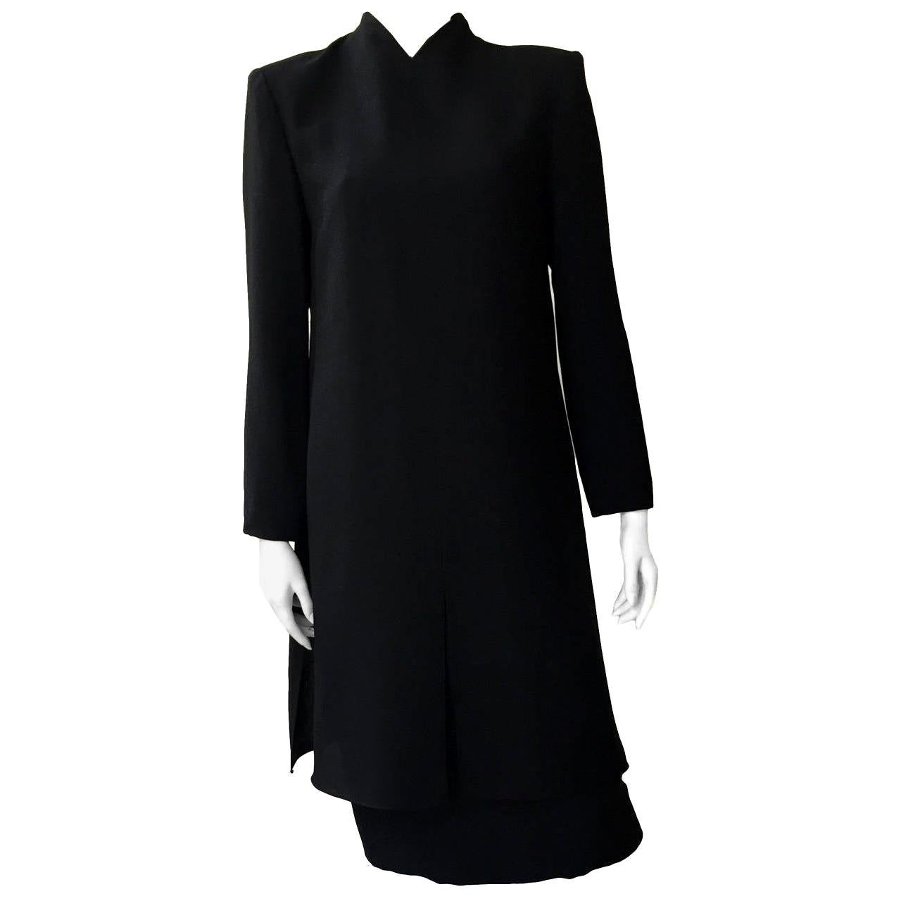 Travilla 1970sBlack Layered Wool Dress Size 12. For Sale