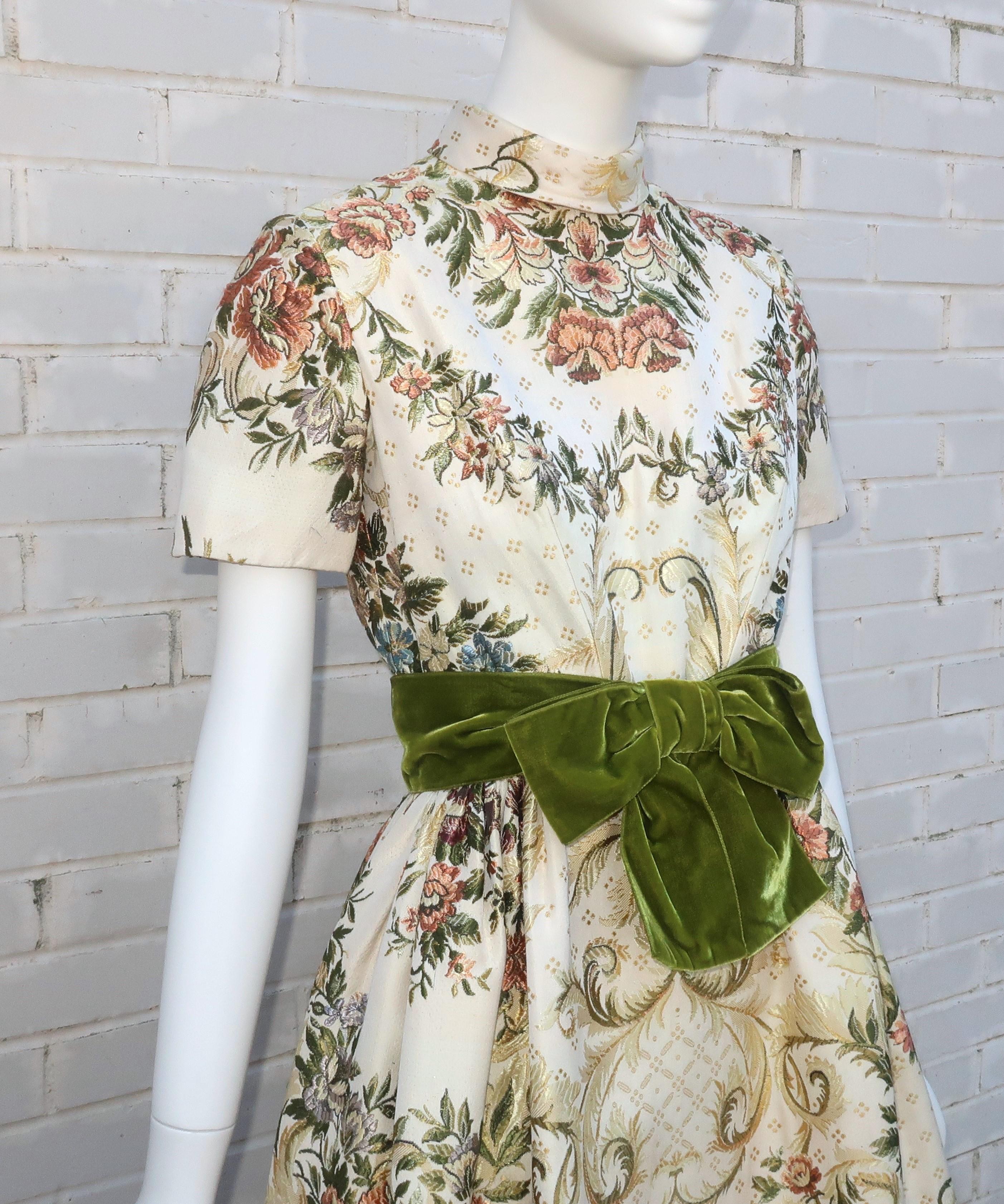 Travilla Brocade Dress With Velvet Bow Belt, 1950’s 3