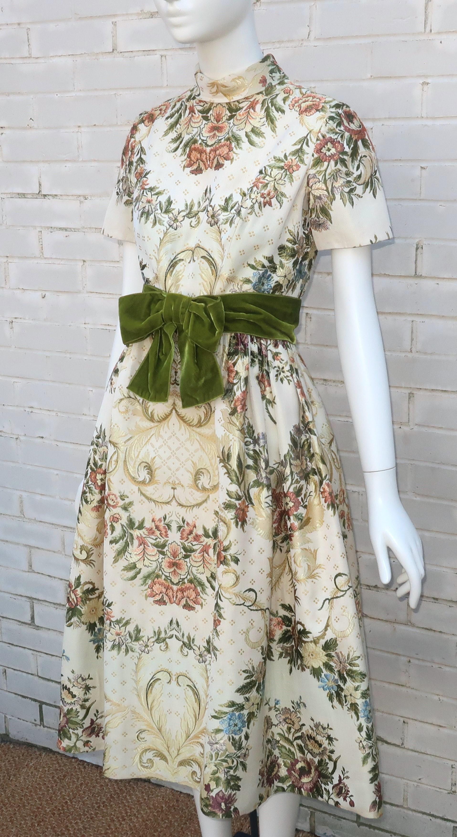 Travilla Brocade Dress With Velvet Bow Belt, 1950’s 5